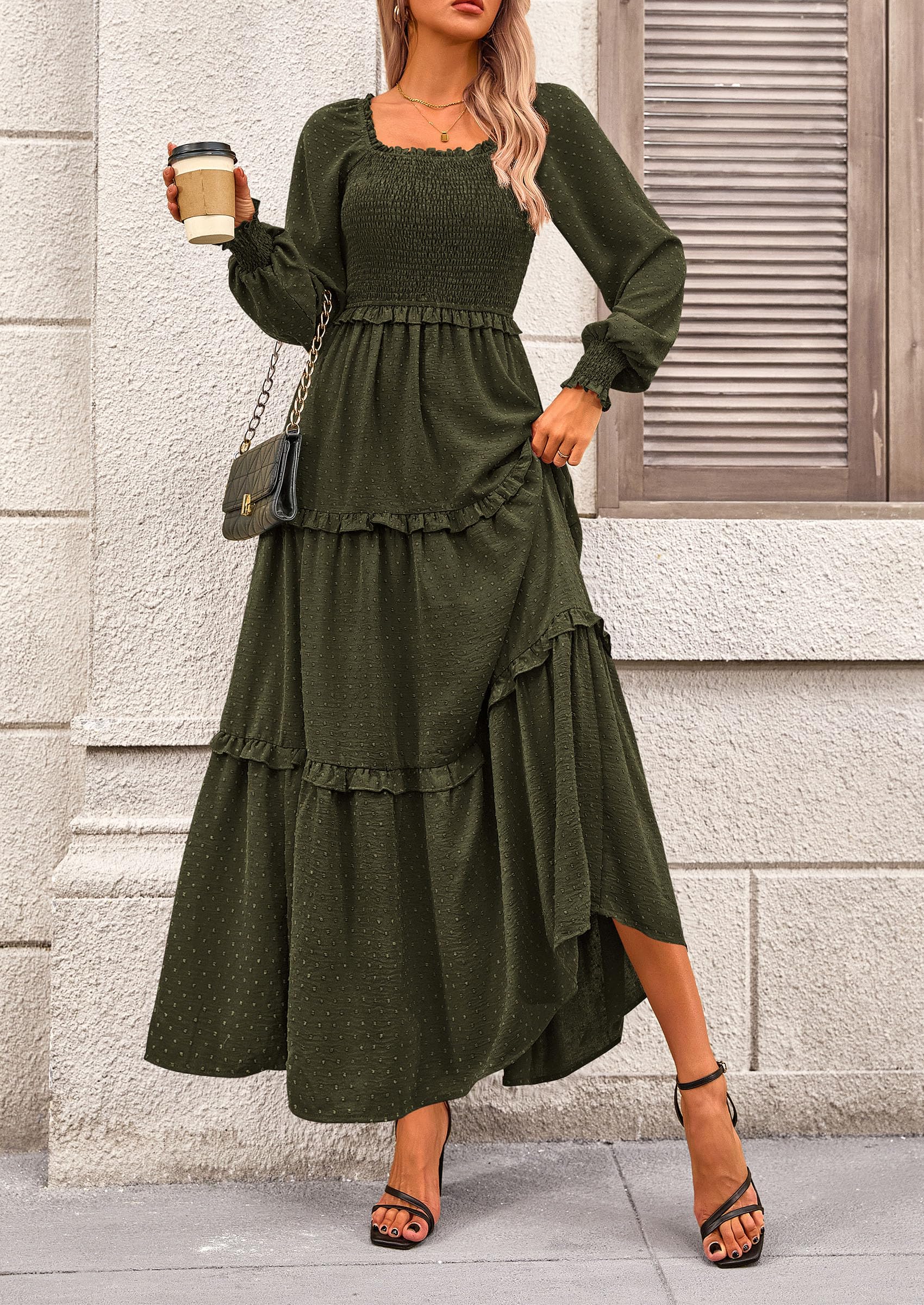 PRETTYGARDEN Women Fall Long Sleeve Smocked Maxi Dress Casual Square Neck Swiss Dot Tiered Ruffle Flowy Spring Pocket Dresses - Image 44