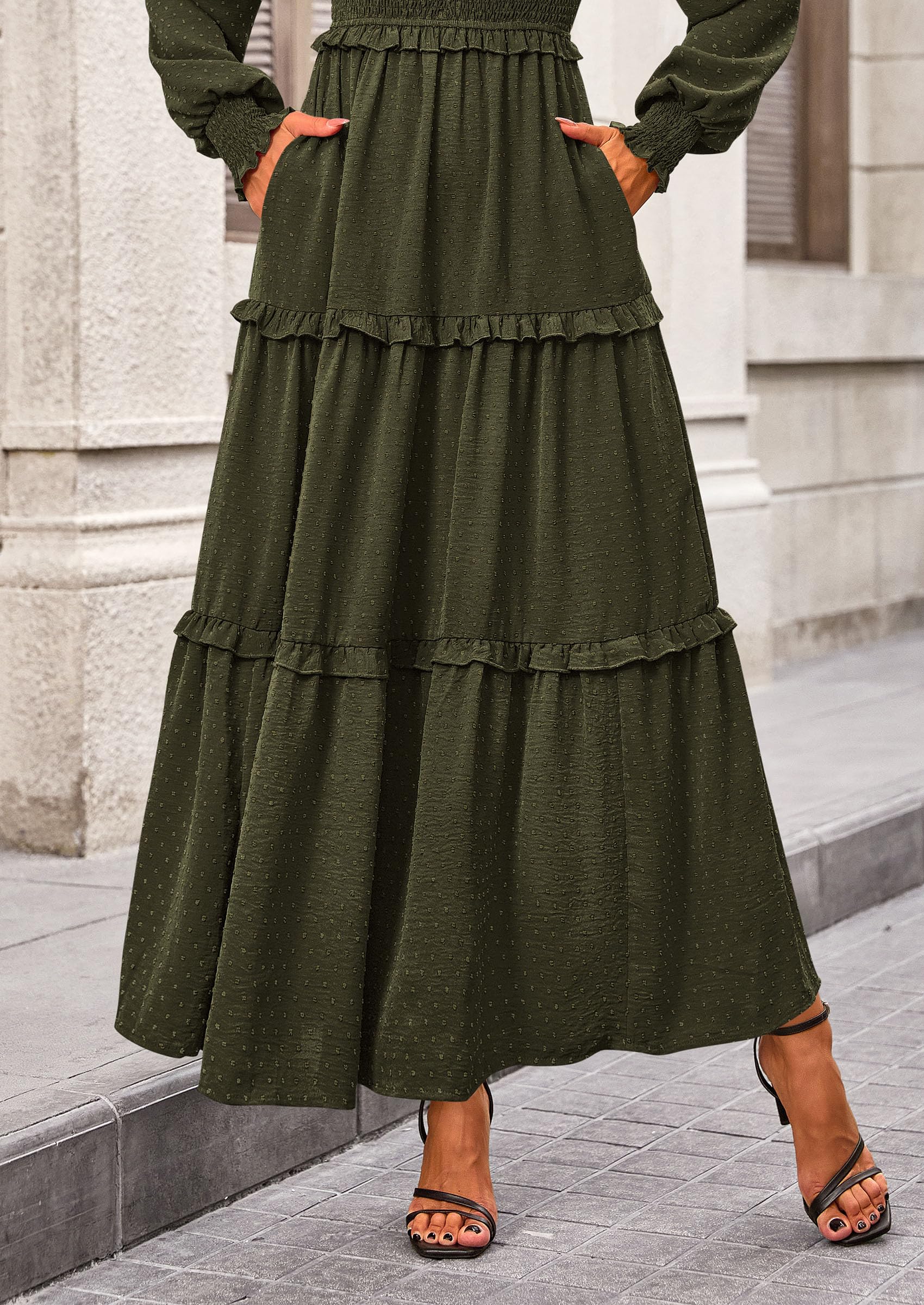 PRETTYGARDEN Women Fall Long Sleeve Smocked Maxi Dress Casual Square Neck Swiss Dot Tiered Ruffle Flowy Spring Pocket Dresses - Image 46