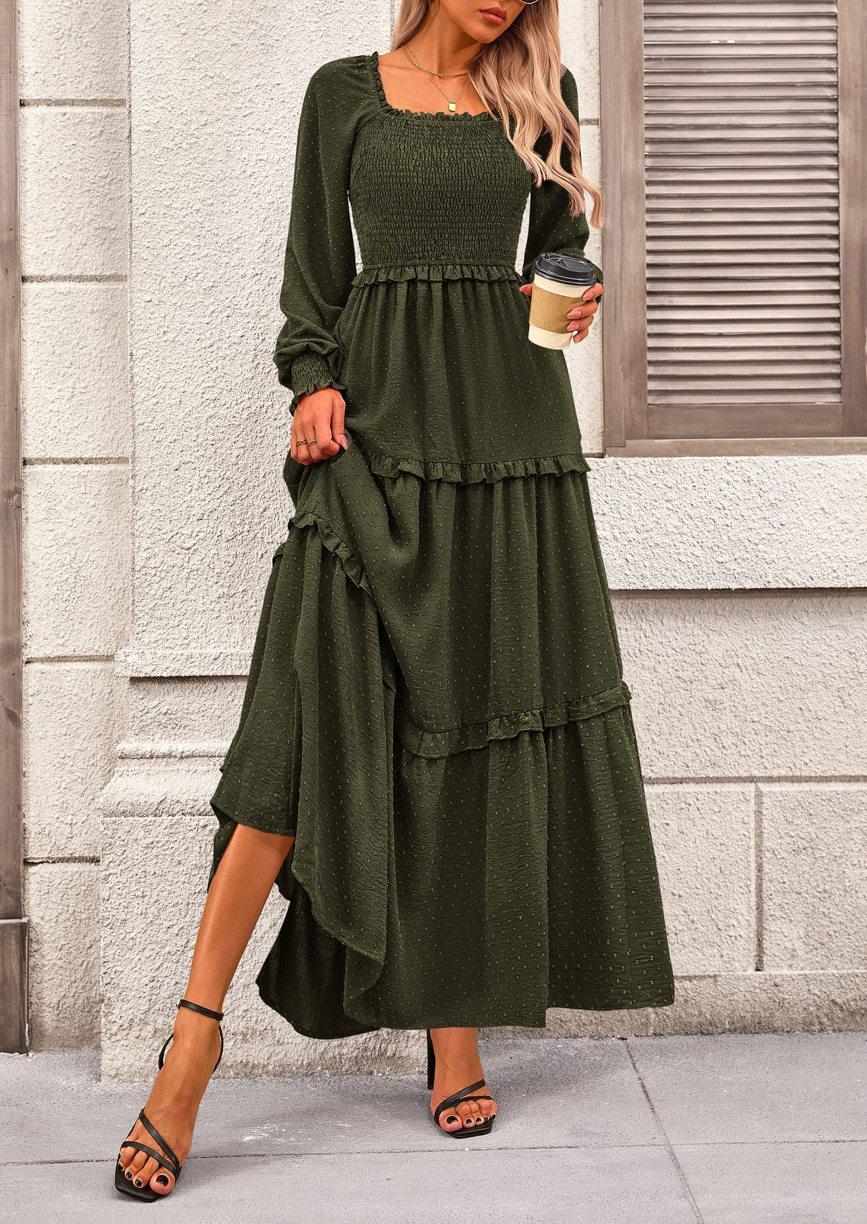 PRETTYGARDEN Women Fall Long Sleeve Smocked Maxi Dress Casual Square Neck Swiss Dot Tiered Ruffle Flowy Spring Pocket Dresses - Image 47