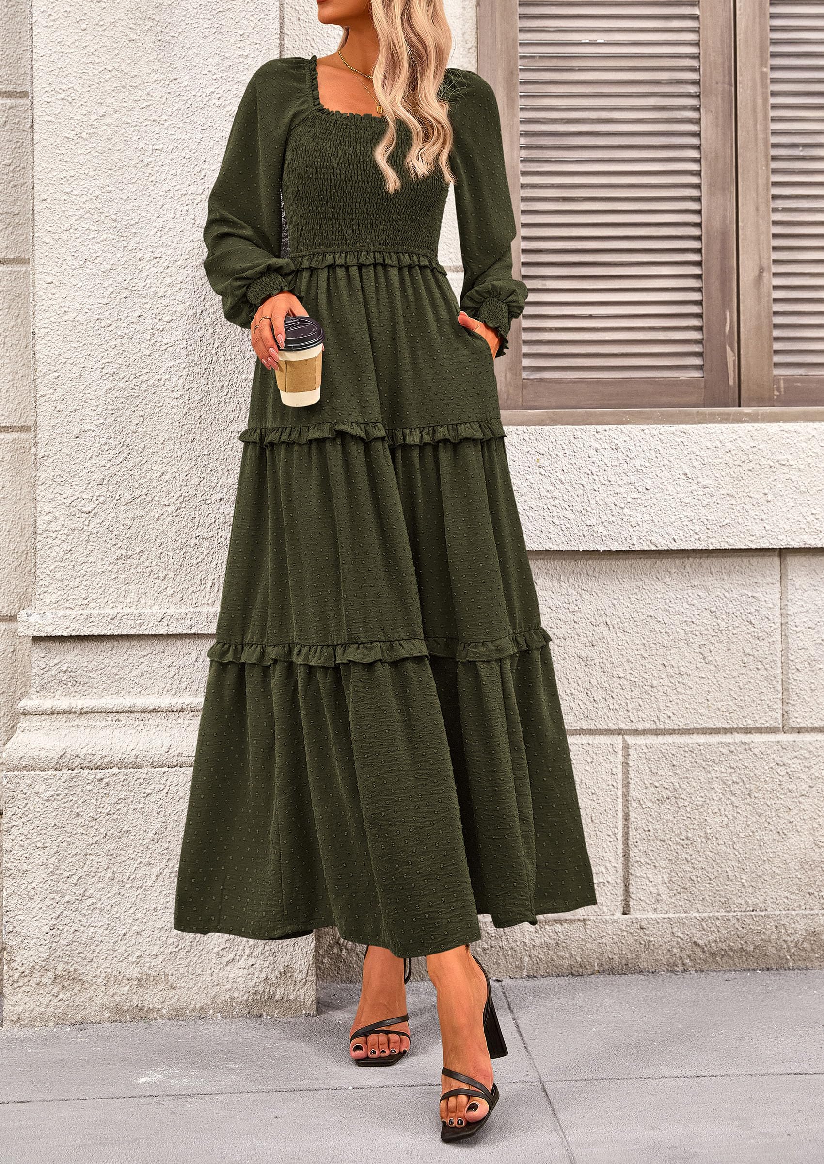 PRETTYGARDEN Women Fall Long Sleeve Smocked Maxi Dress Casual Square Neck Swiss Dot Tiered Ruffle Flowy Spring Pocket Dresses - Image 49