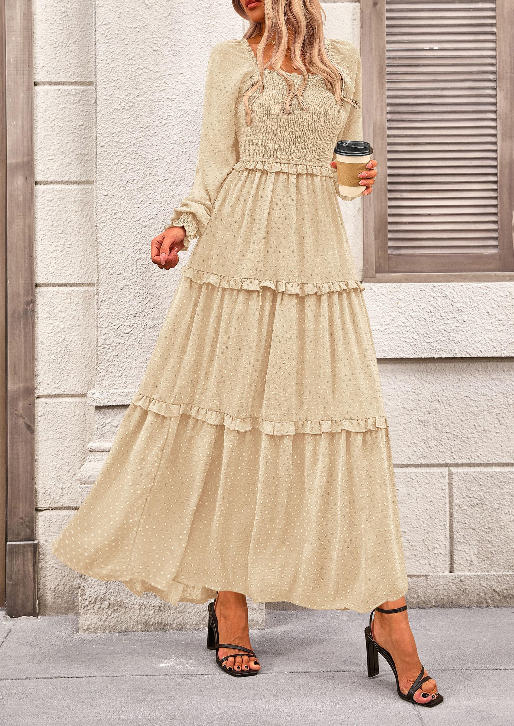 PRETTYGARDEN Women Fall Long Sleeve Smocked Maxi Dress Casual Square Neck Swiss Dot Tiered Ruffle Flowy Spring Pocket Dresses - Image 5