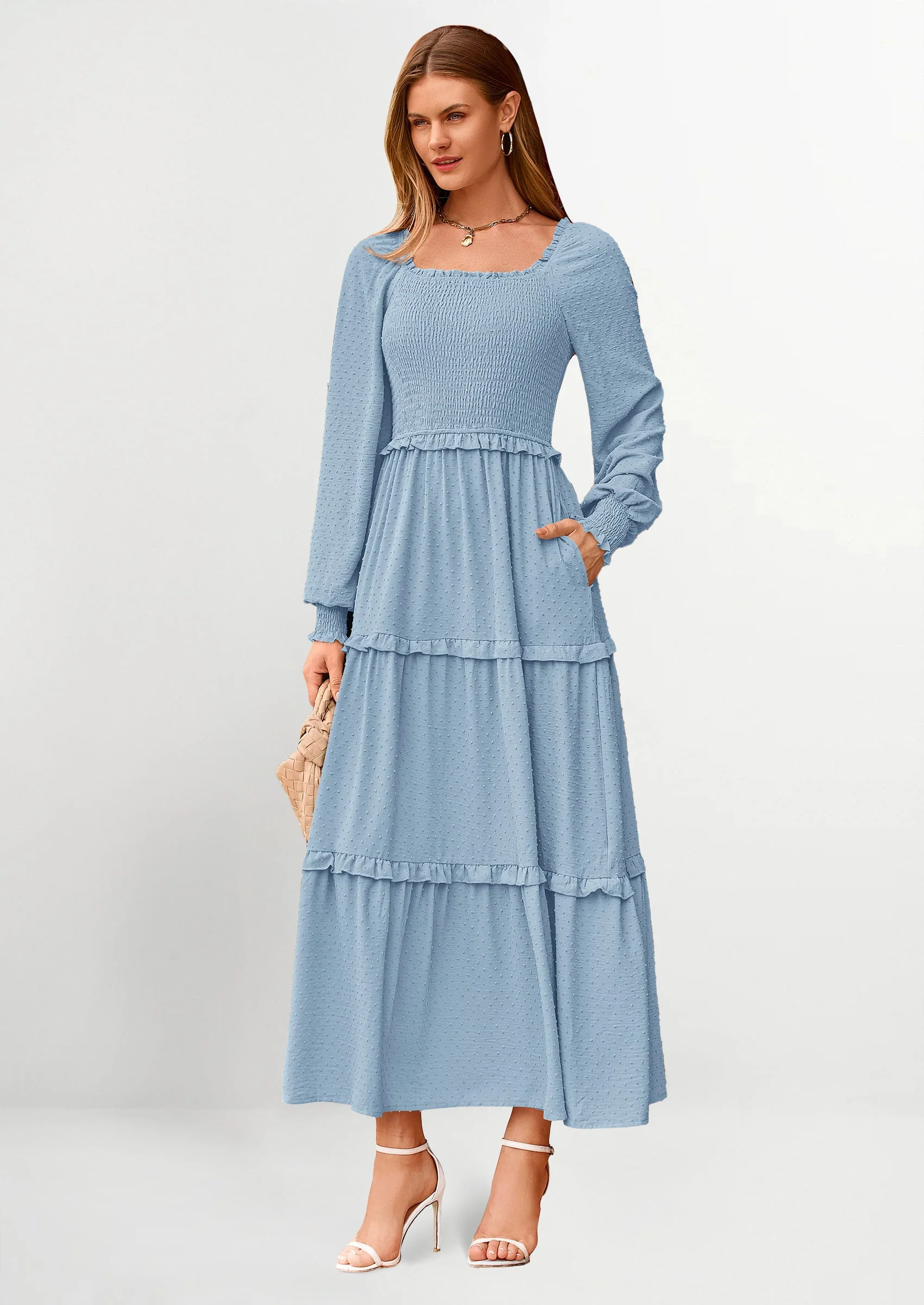 PRETTYGARDEN Women Fall Long Sleeve Smocked Maxi Dress Casual Square Neck Swiss Dot Tiered Ruffle Flowy Spring Pocket Dresses - Image 50