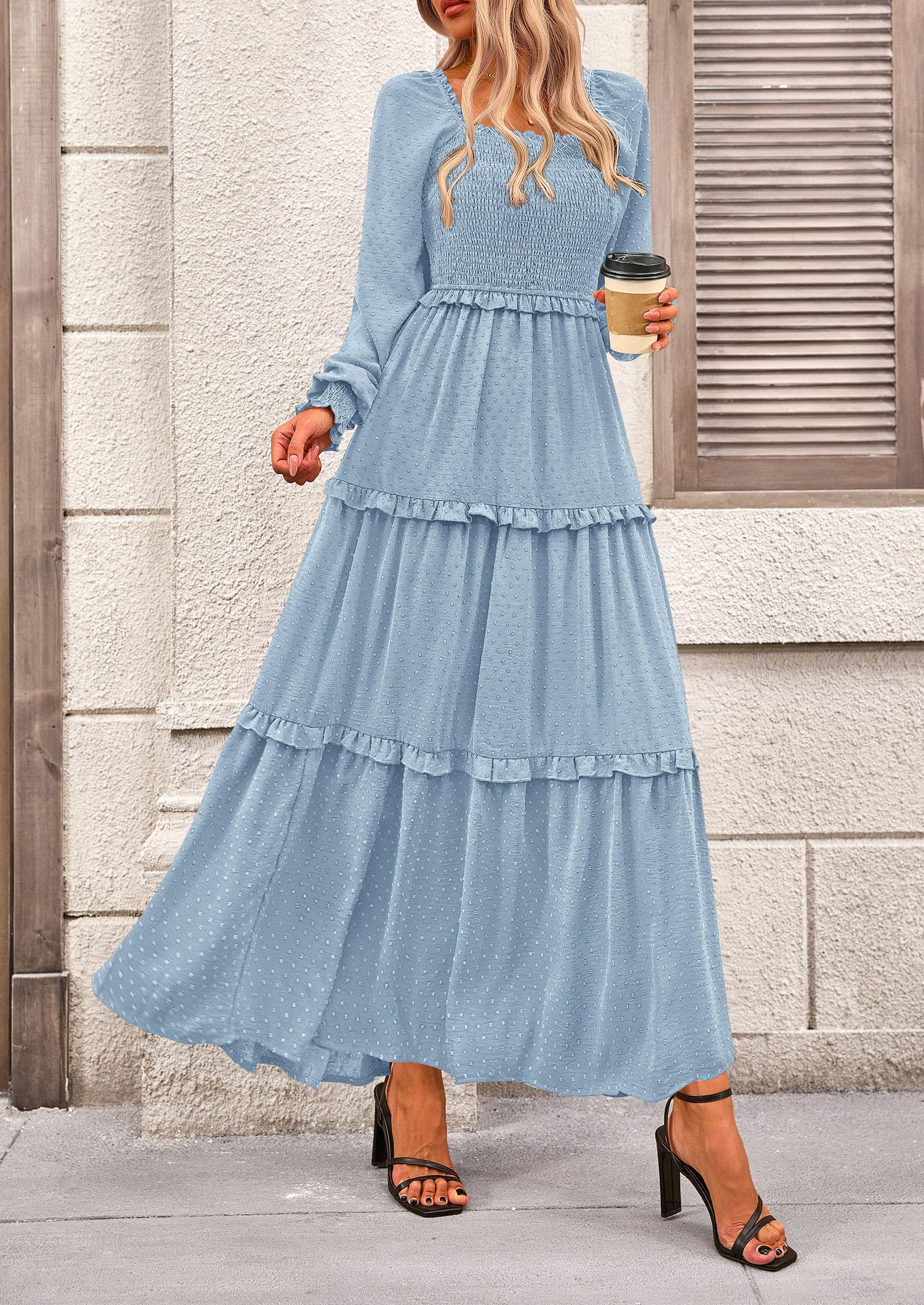 PRETTYGARDEN Women Fall Long Sleeve Smocked Maxi Dress Casual Square Neck Swiss Dot Tiered Ruffle Flowy Spring Pocket Dresses - Image 53