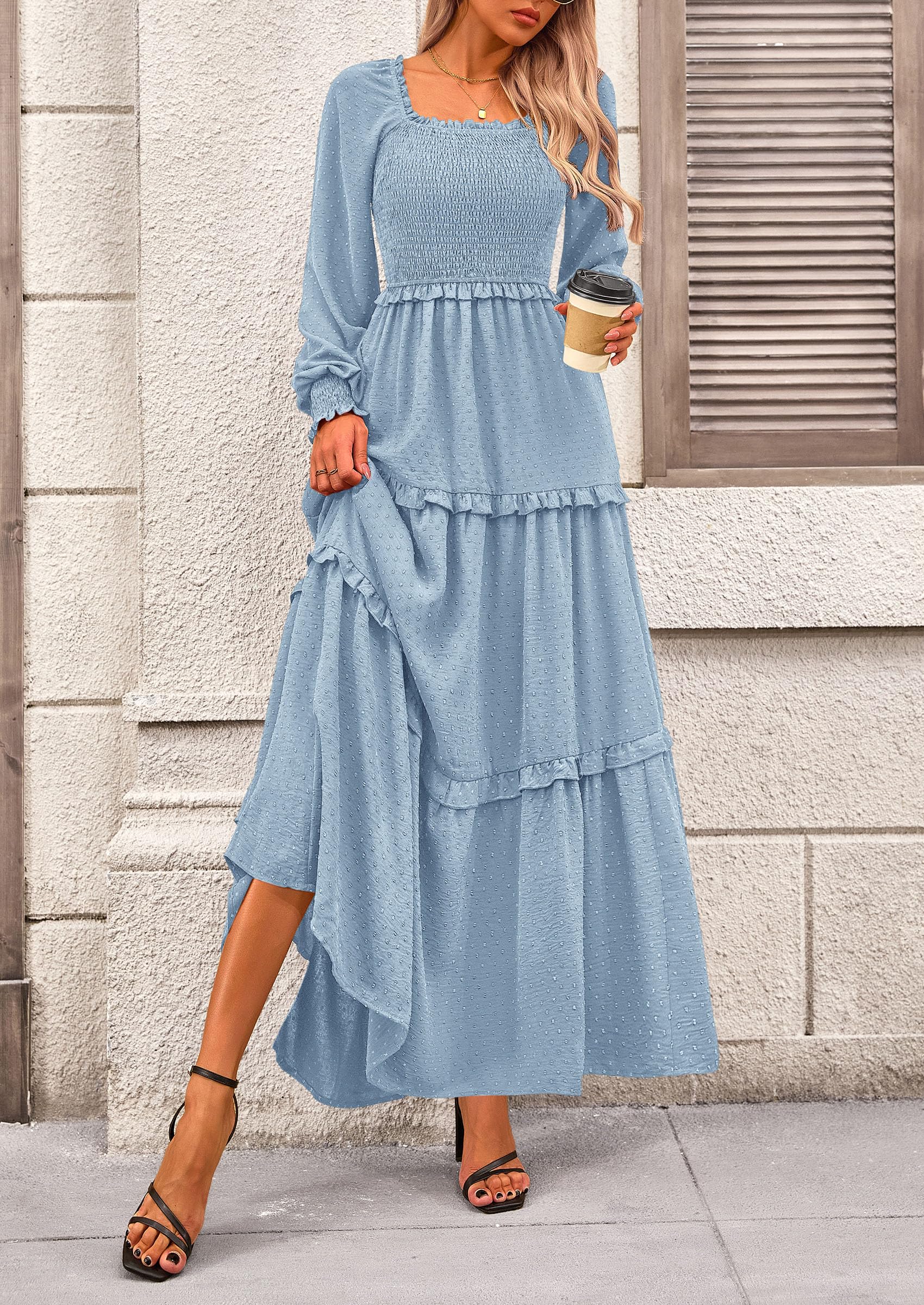 PRETTYGARDEN Women Fall Long Sleeve Smocked Maxi Dress Casual Square Neck Swiss Dot Tiered Ruffle Flowy Spring Pocket Dresses - Image 54