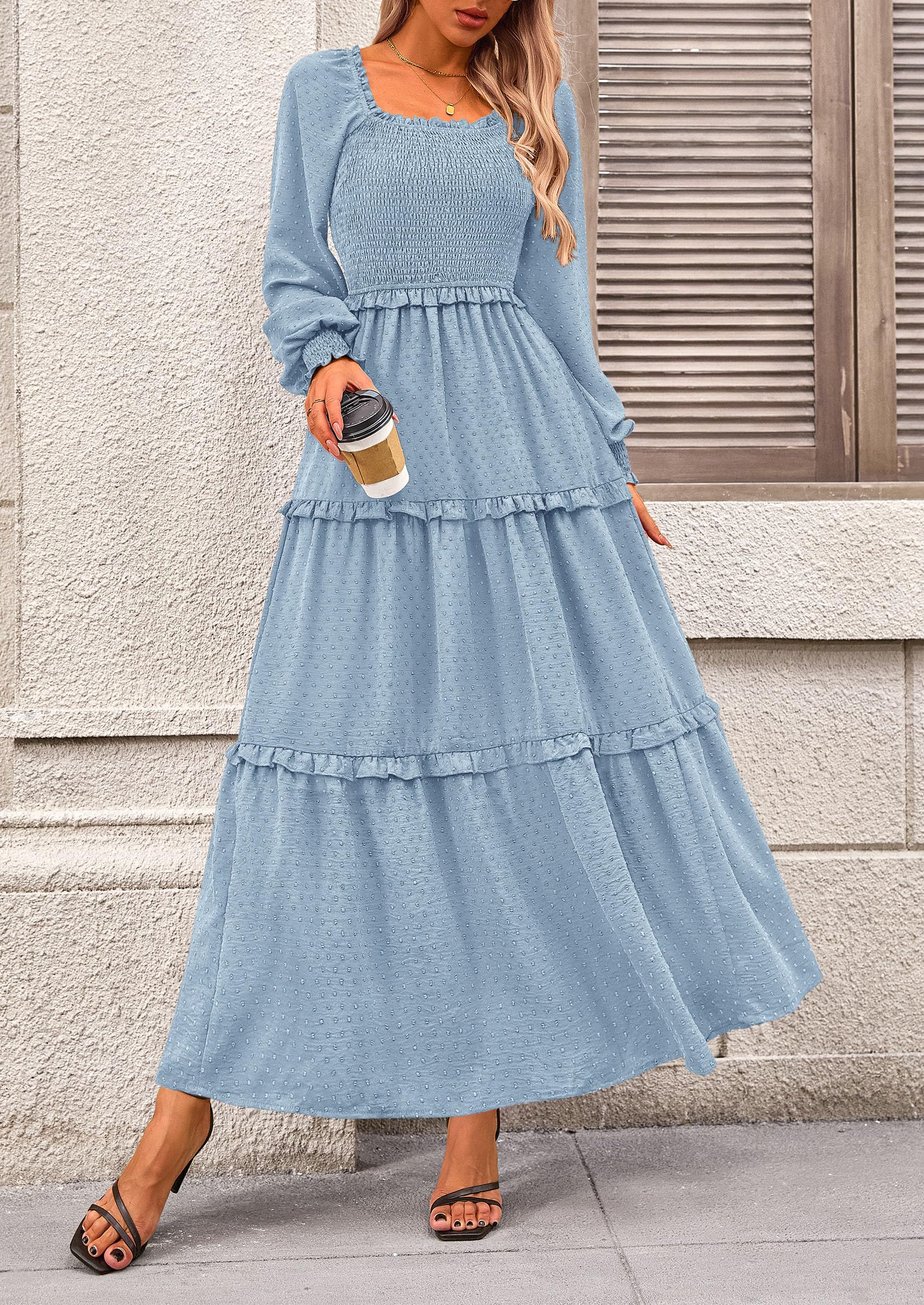 PRETTYGARDEN Women Fall Long Sleeve Smocked Maxi Dress Casual Square Neck Swiss Dot Tiered Ruffle Flowy Spring Pocket Dresses - Image 55