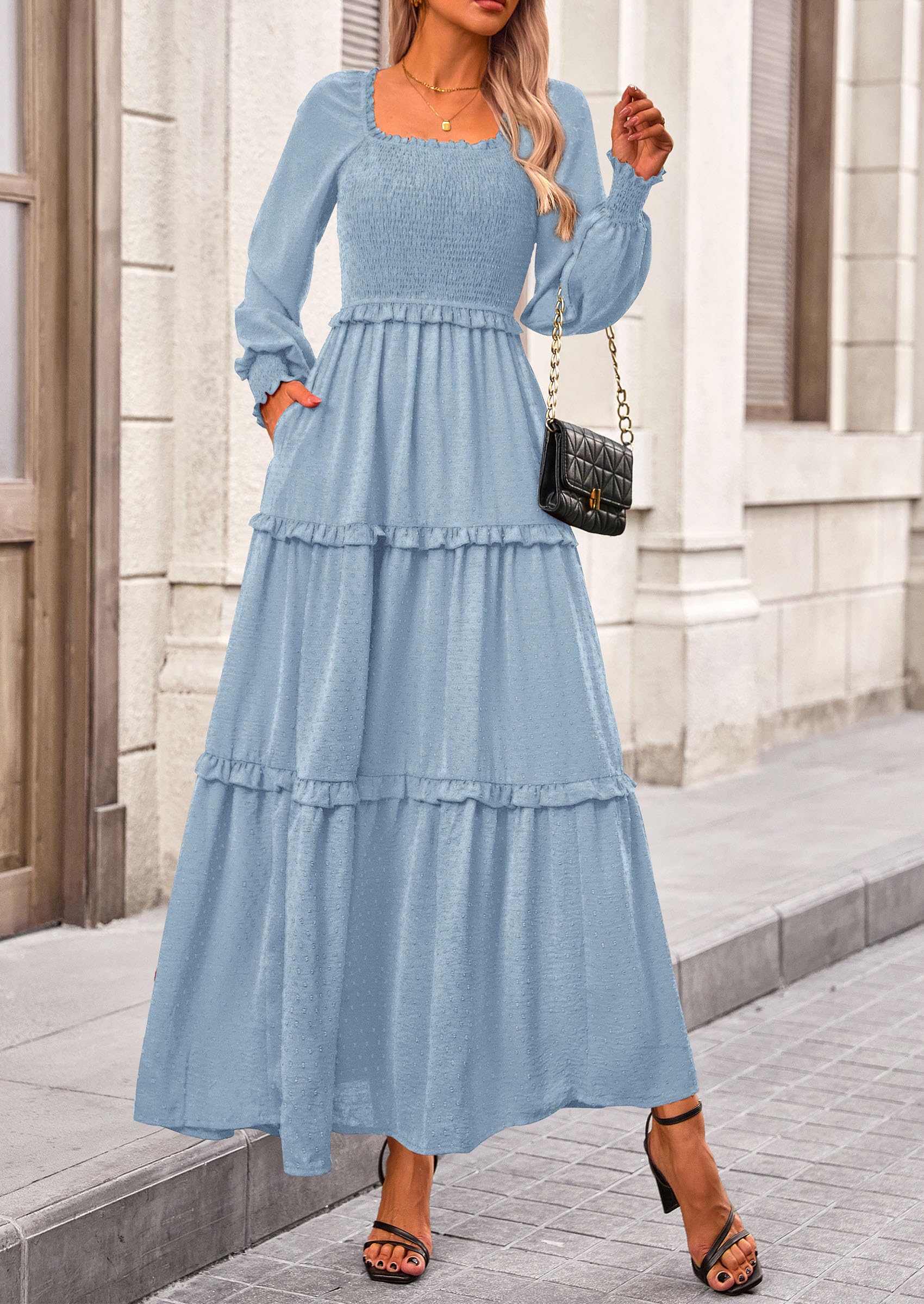 PRETTYGARDEN Women Fall Long Sleeve Smocked Maxi Dress Casual Square Neck Swiss Dot Tiered Ruffle Flowy Spring Pocket Dresses - Image 57
