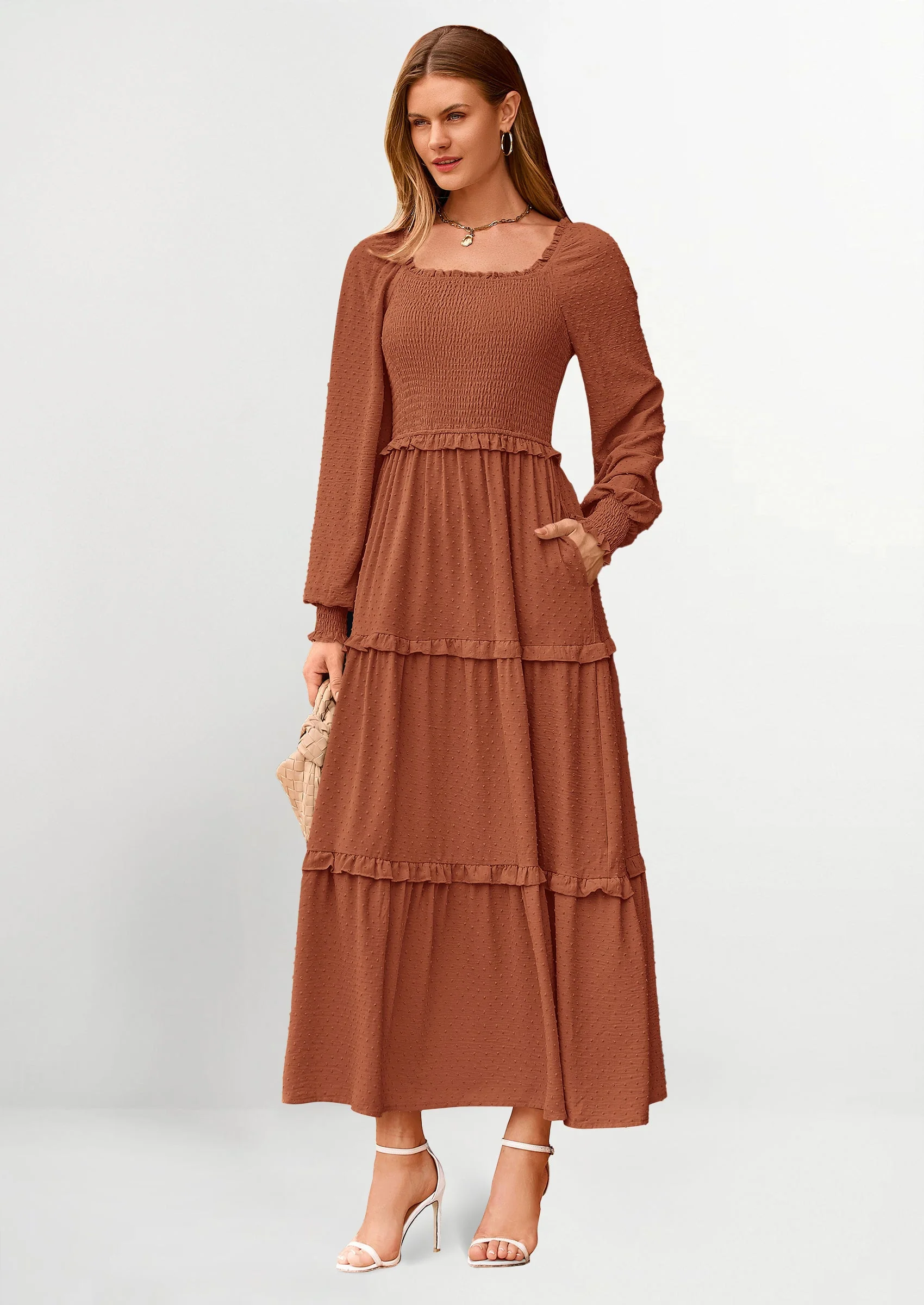 PRETTYGARDEN Women Fall Long Sleeve Smocked Maxi Dress Casual Square Neck Swiss Dot Tiered Ruffle Flowy Spring Pocket Dresses - Image 58