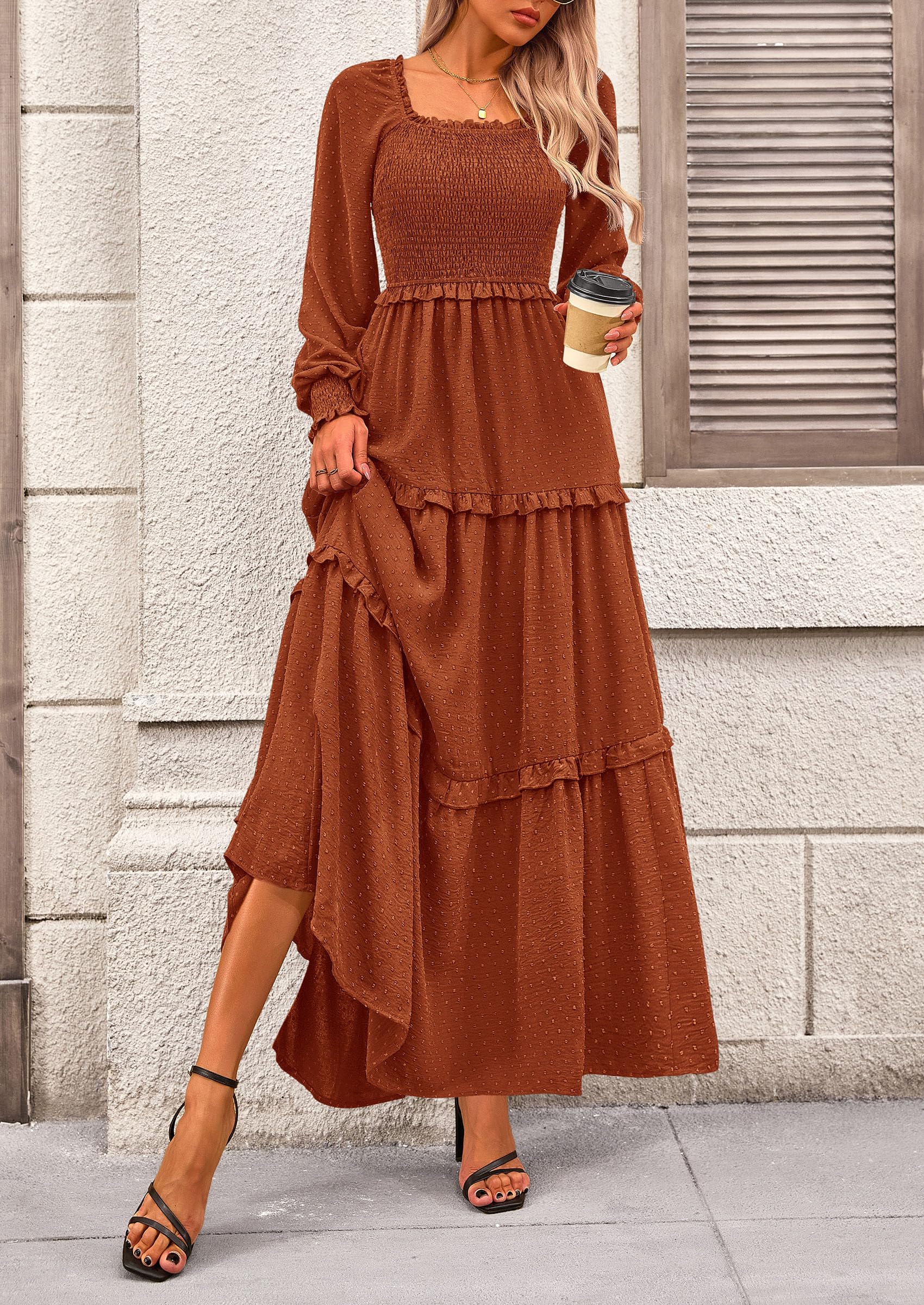 PRETTYGARDEN Women Fall Long Sleeve Smocked Maxi Dress Casual Square Neck Swiss Dot Tiered Ruffle Flowy Spring Pocket Dresses - Image 60
