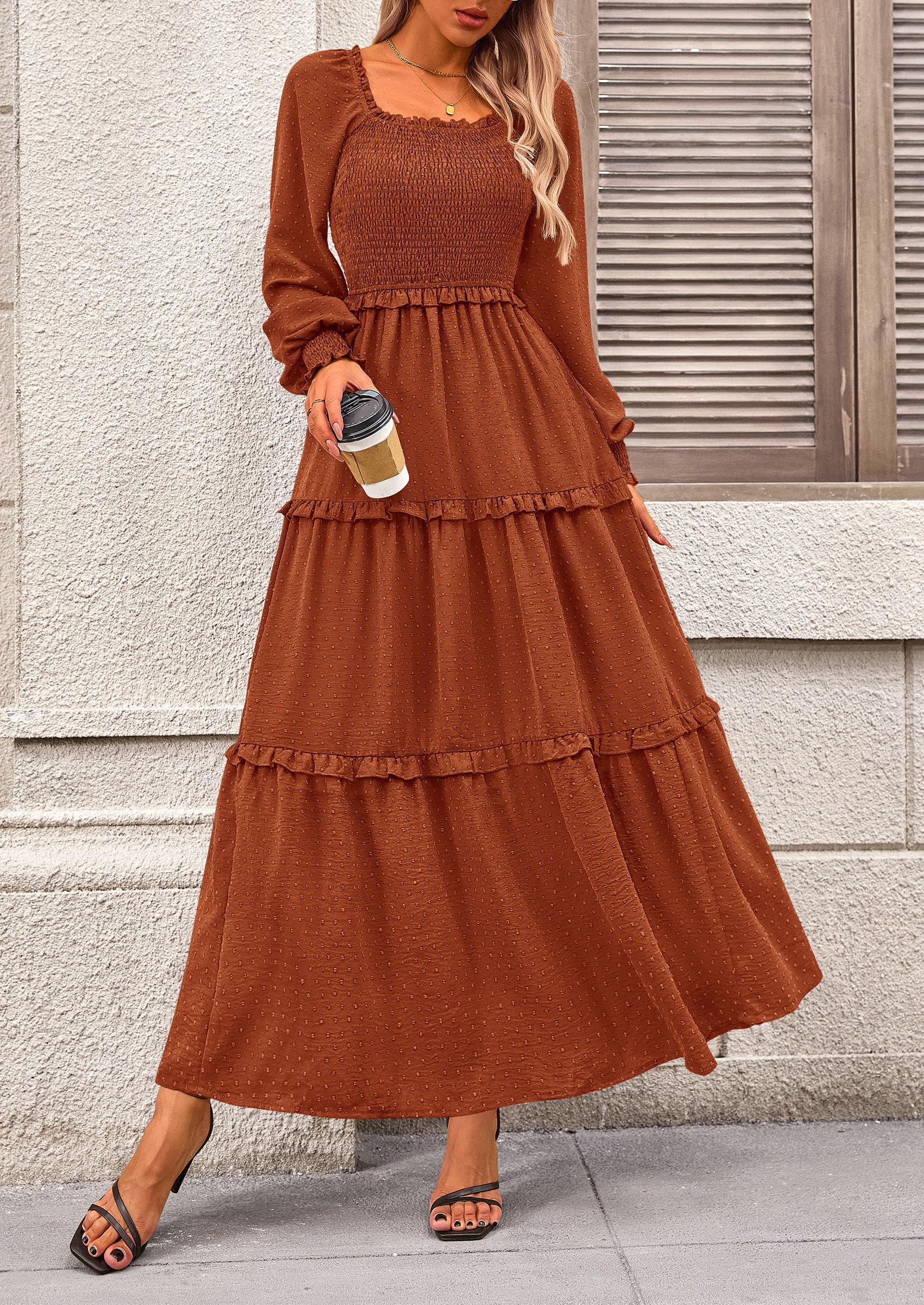PRETTYGARDEN Women Fall Long Sleeve Smocked Maxi Dress Casual Square Neck Swiss Dot Tiered Ruffle Flowy Spring Pocket Dresses - Image 62