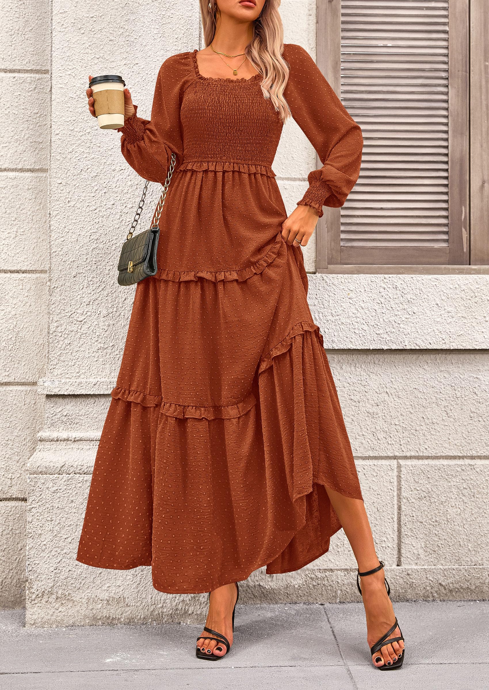 PRETTYGARDEN Women Fall Long Sleeve Smocked Maxi Dress Casual Square Neck Swiss Dot Tiered Ruffle Flowy Spring Pocket Dresses - Image 64