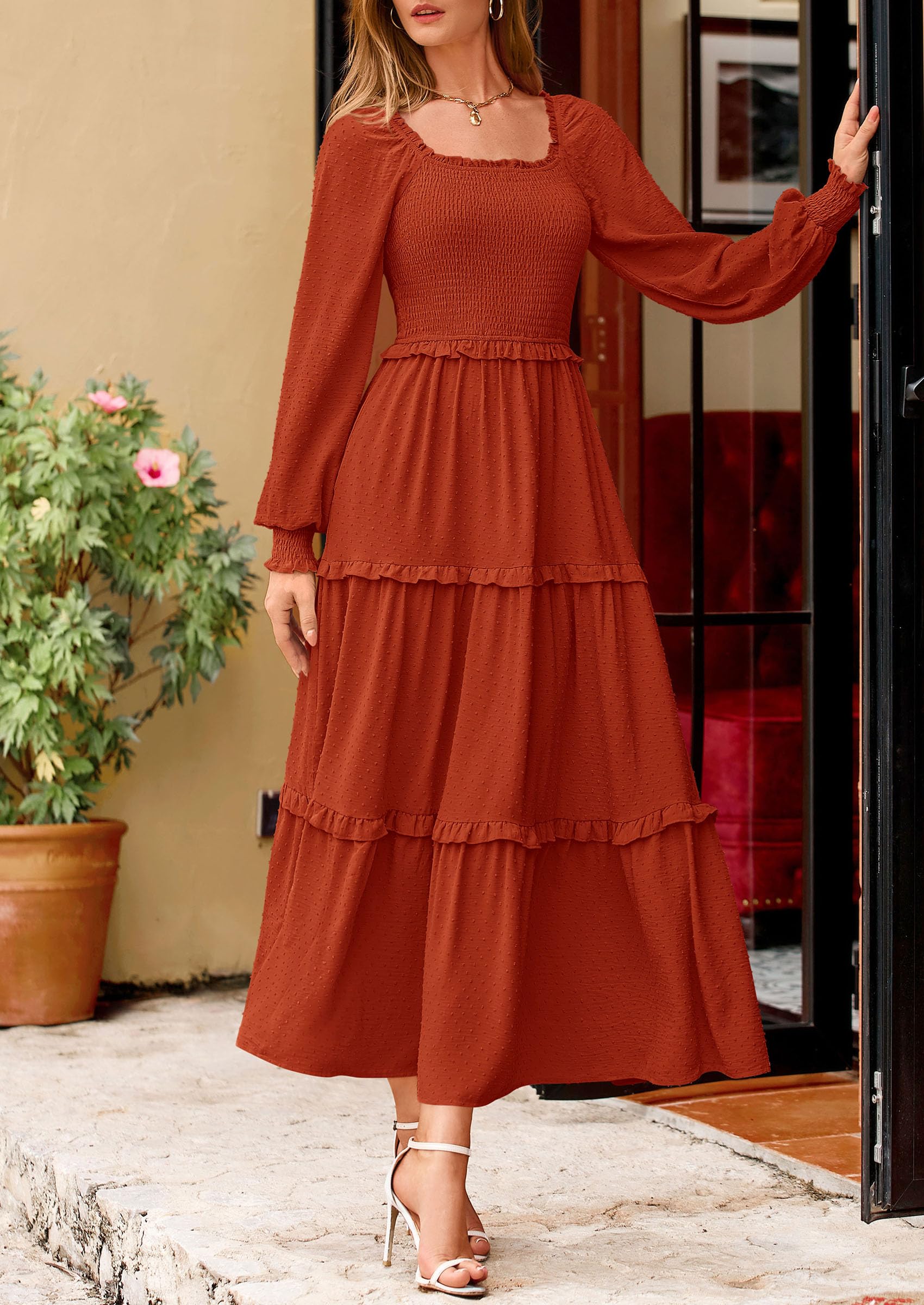 PRETTYGARDEN Women Fall Long Sleeve Smocked Maxi Dress Casual Square Neck Swiss Dot Tiered Ruffle Flowy Spring Pocket Dresses - Image 66