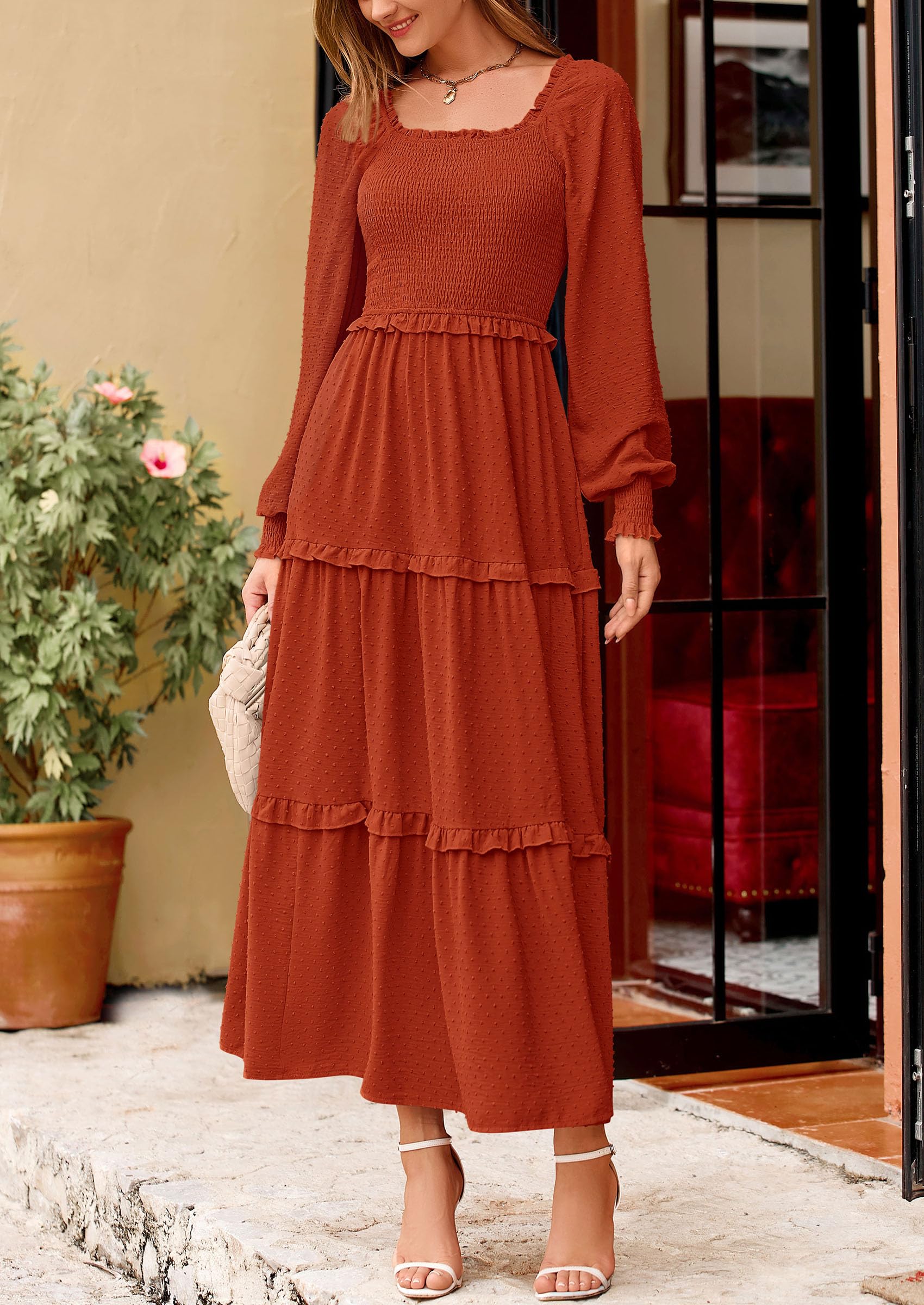 PRETTYGARDEN Women Fall Long Sleeve Smocked Maxi Dress Casual Square Neck Swiss Dot Tiered Ruffle Flowy Spring Pocket Dresses - Image 69