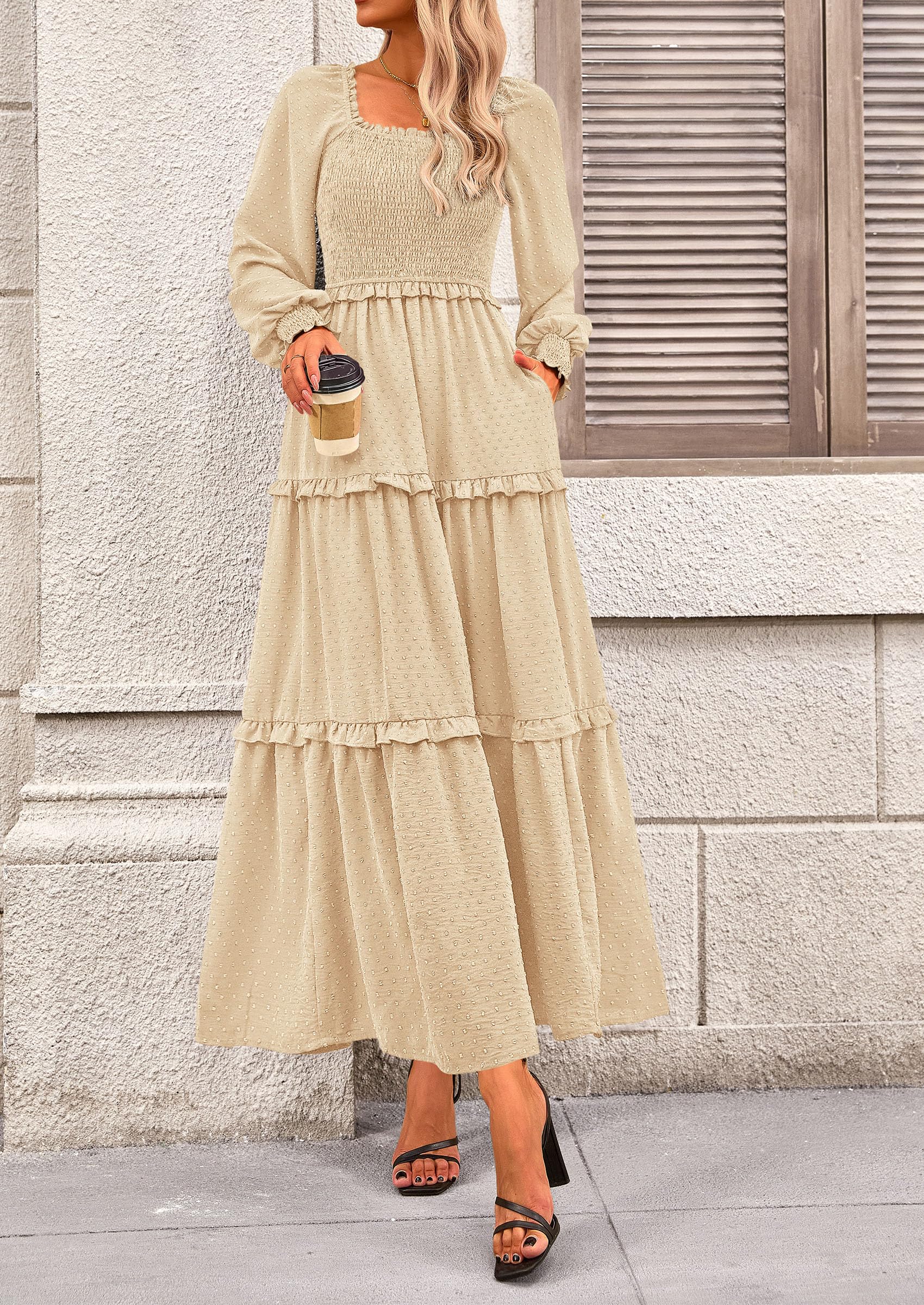 PRETTYGARDEN Women Fall Long Sleeve Smocked Maxi Dress Casual Square Neck Swiss Dot Tiered Ruffle Flowy Spring Pocket Dresses - Image 7