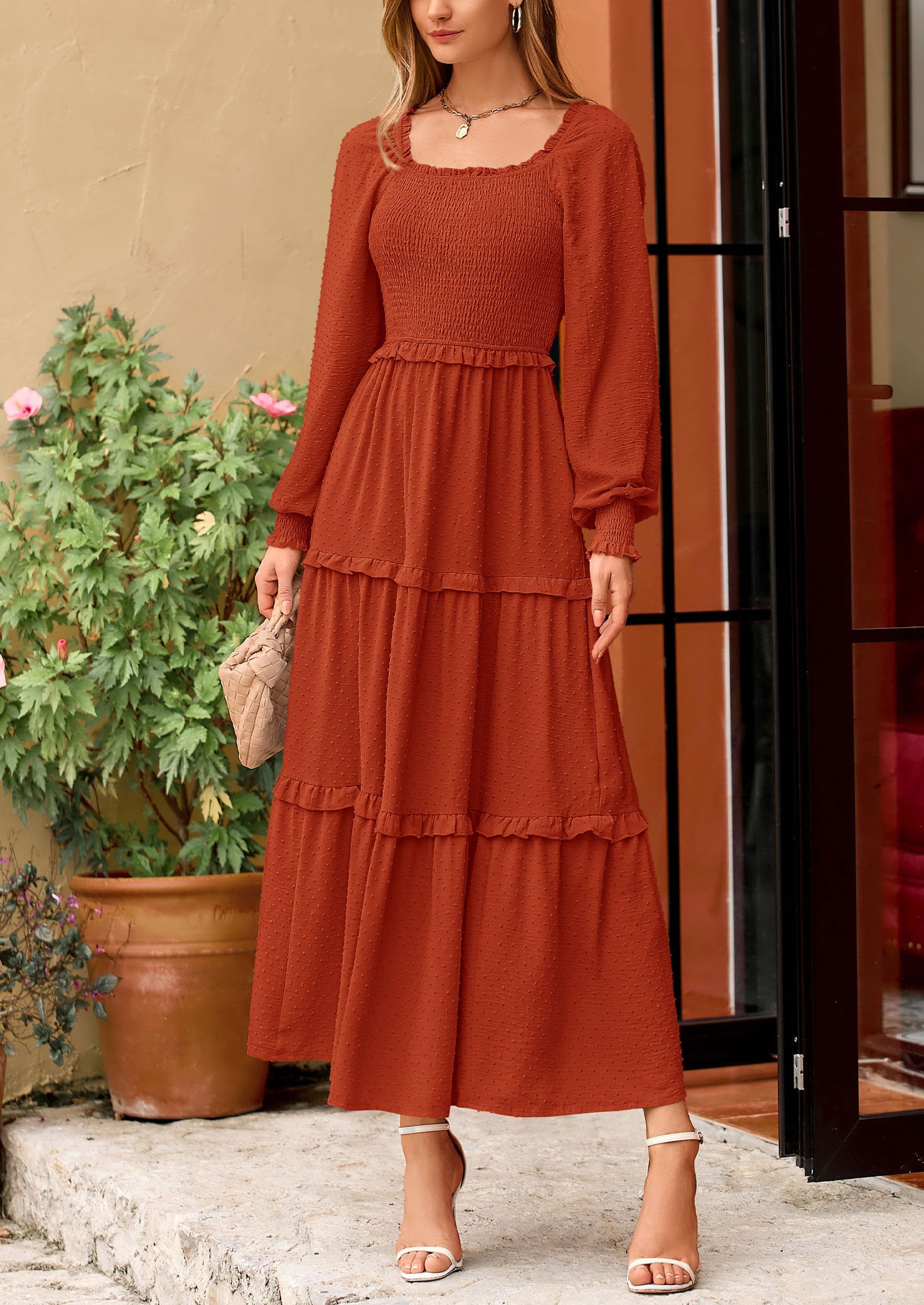 PRETTYGARDEN Women Fall Long Sleeve Smocked Maxi Dress Casual Square Neck Swiss Dot Tiered Ruffle Flowy Spring Pocket Dresses - Image 70