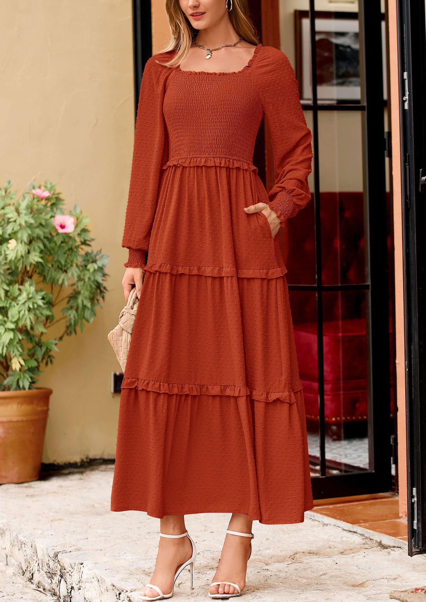 PRETTYGARDEN Women Fall Long Sleeve Smocked Maxi Dress Casual Square Neck Swiss Dot Tiered Ruffle Flowy Spring Pocket Dresses - Image 71