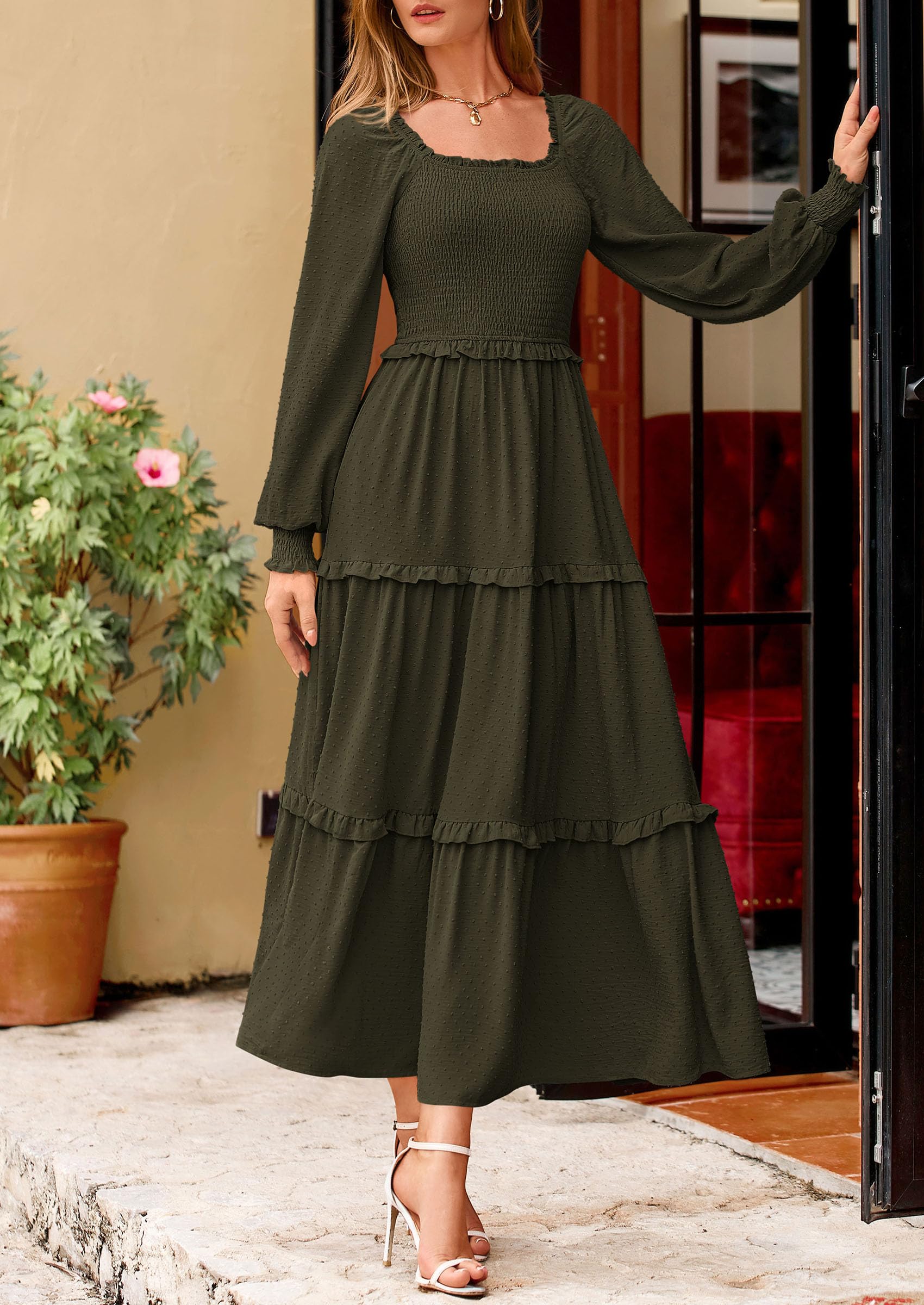 PRETTYGARDEN Women Fall Long Sleeve Smocked Maxi Dress Casual Square Neck Swiss Dot Tiered Ruffle Flowy Spring Pocket Dresses - Image 73