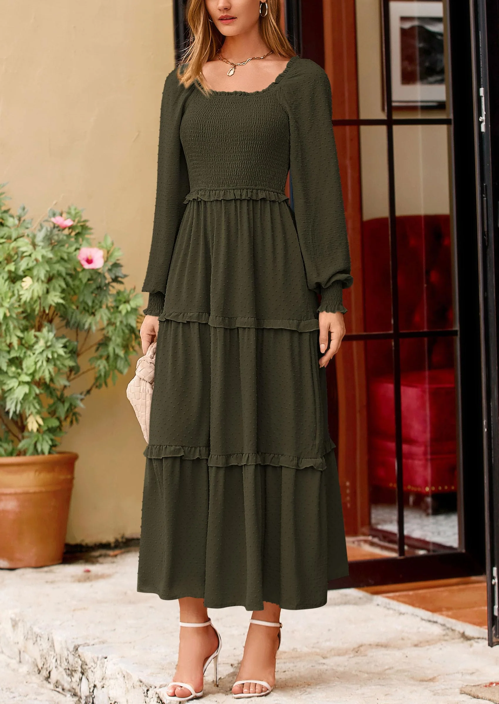 PRETTYGARDEN Women Fall Long Sleeve Smocked Maxi Dress Casual Square Neck Swiss Dot Tiered Ruffle Flowy Spring Pocket Dresses - Image 74