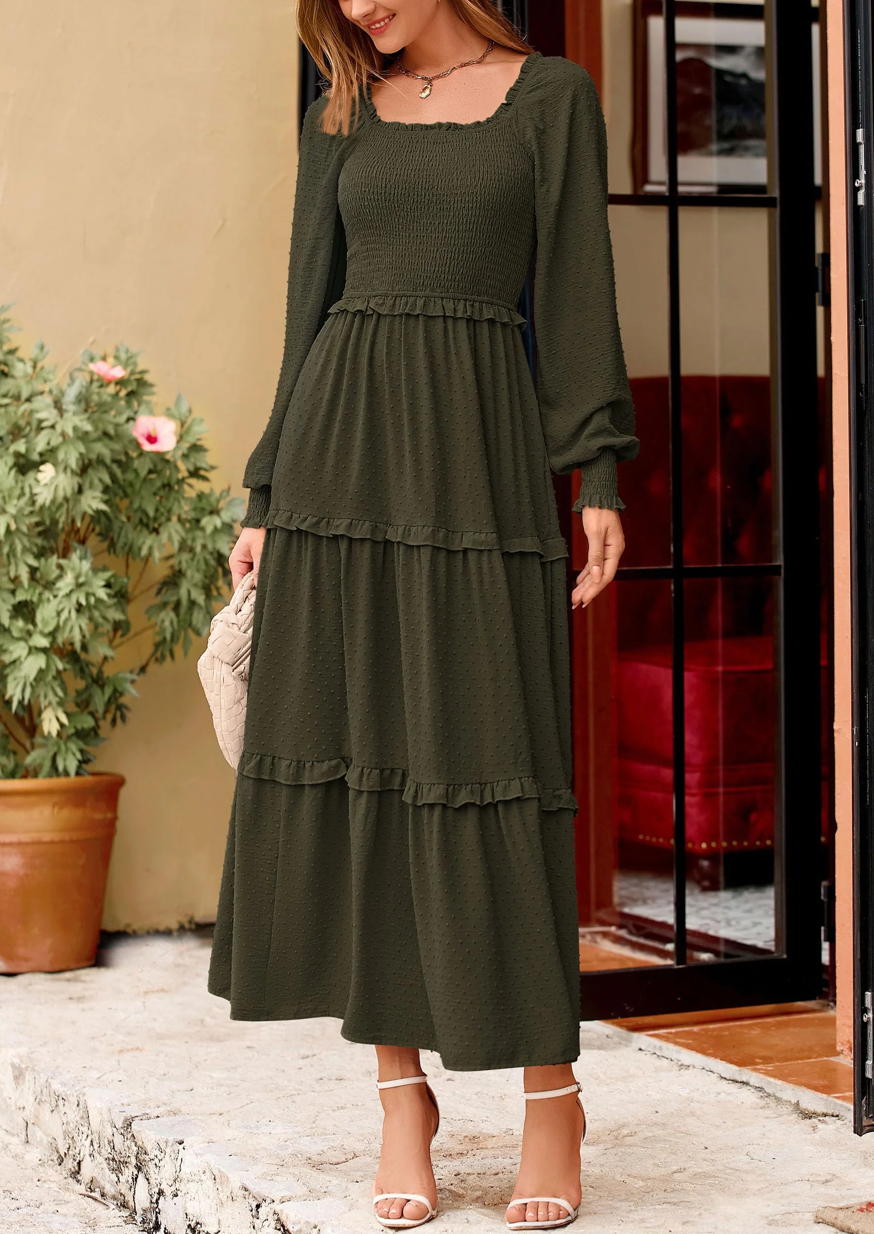 PRETTYGARDEN Women Fall Long Sleeve Smocked Maxi Dress Casual Square Neck Swiss Dot Tiered Ruffle Flowy Spring Pocket Dresses - Image 76