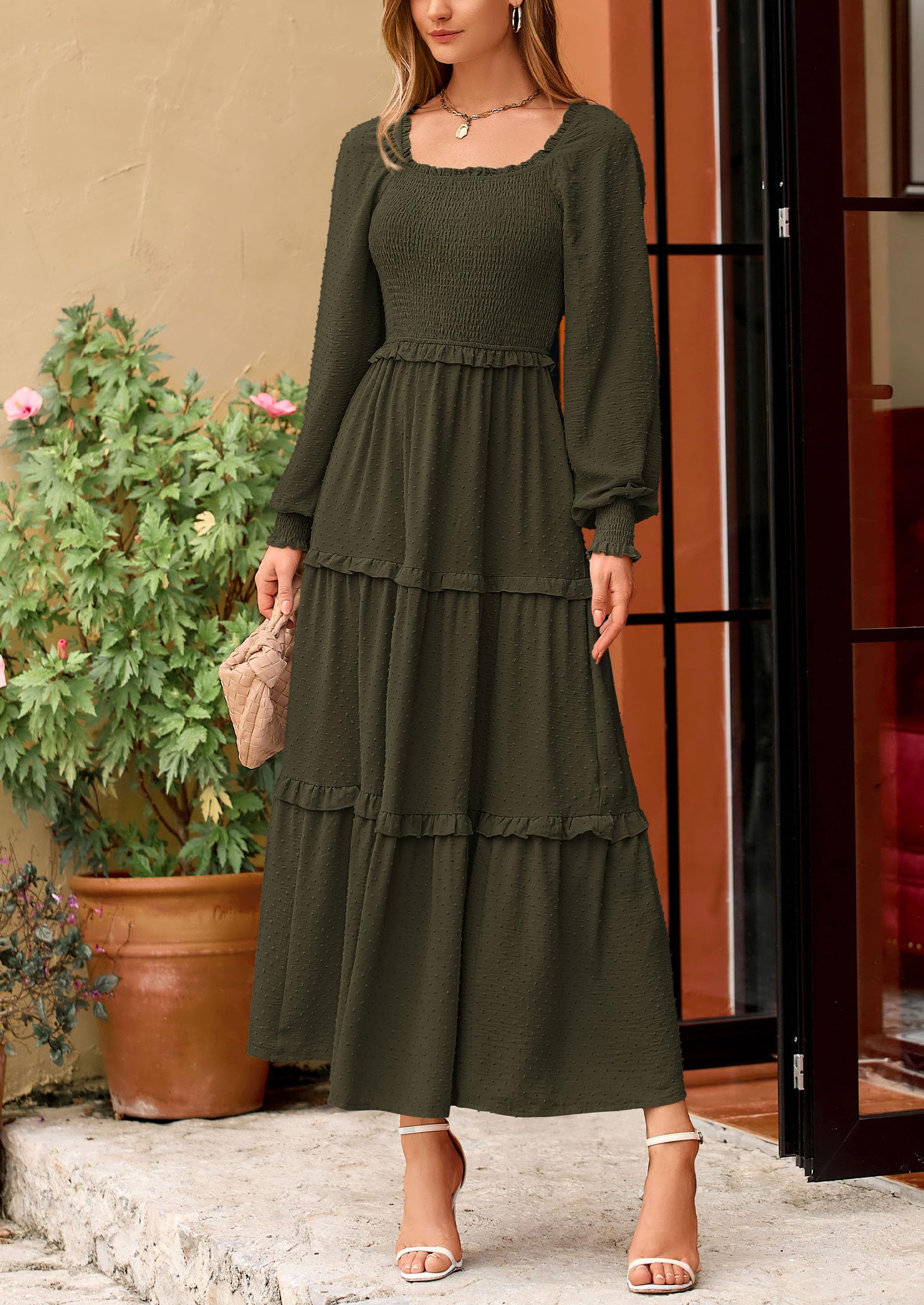 PRETTYGARDEN Women Fall Long Sleeve Smocked Maxi Dress Casual Square Neck Swiss Dot Tiered Ruffle Flowy Spring Pocket Dresses - Image 77