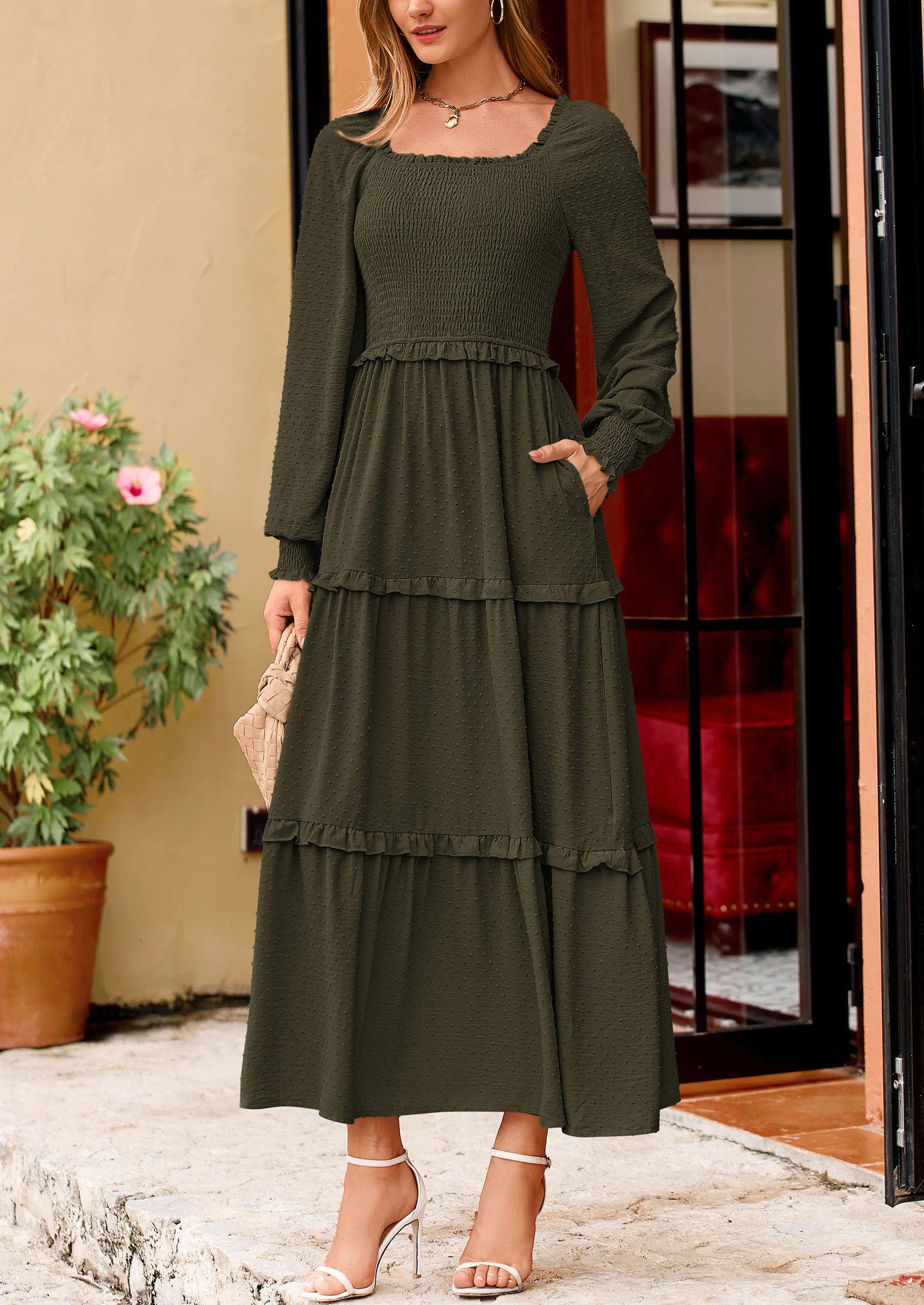 PRETTYGARDEN Women Fall Long Sleeve Smocked Maxi Dress Casual Square Neck Swiss Dot Tiered Ruffle Flowy Spring Pocket Dresses - Image 78