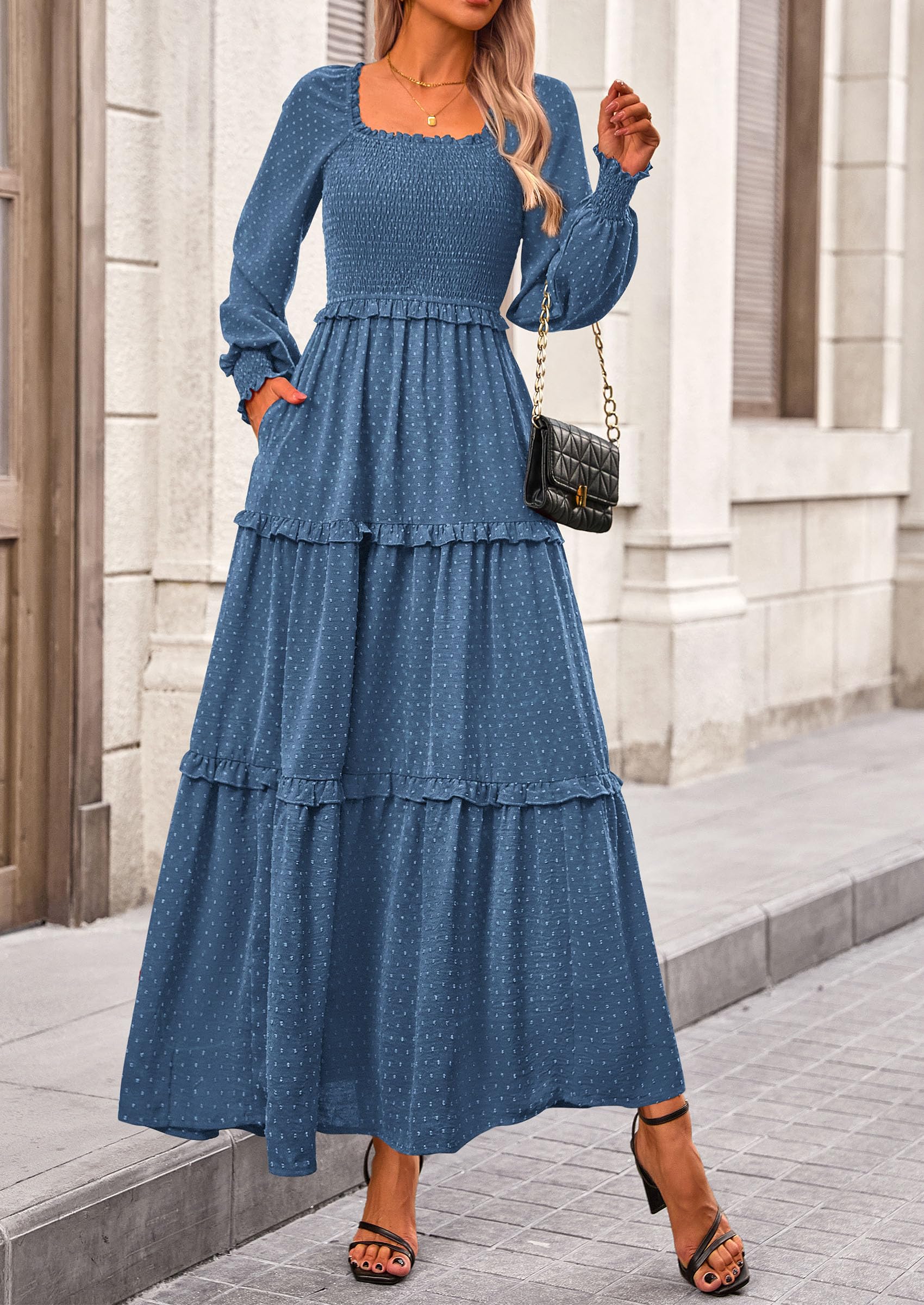 PRETTYGARDEN Women Fall Long Sleeve Smocked Maxi Dress Casual Square Neck Swiss Dot Tiered Ruffle Flowy Spring Pocket Dresses - Image 80