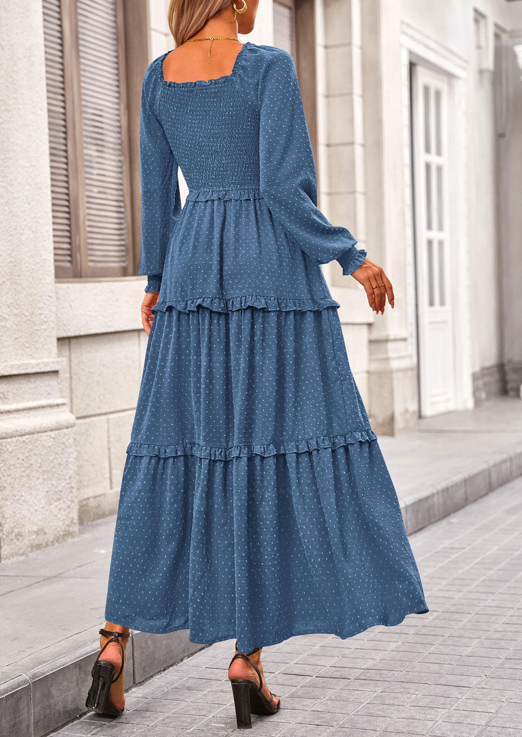 PRETTYGARDEN Women Fall Long Sleeve Smocked Maxi Dress Casual Square Neck Swiss Dot Tiered Ruffle Flowy Spring Pocket Dresses - Image 81