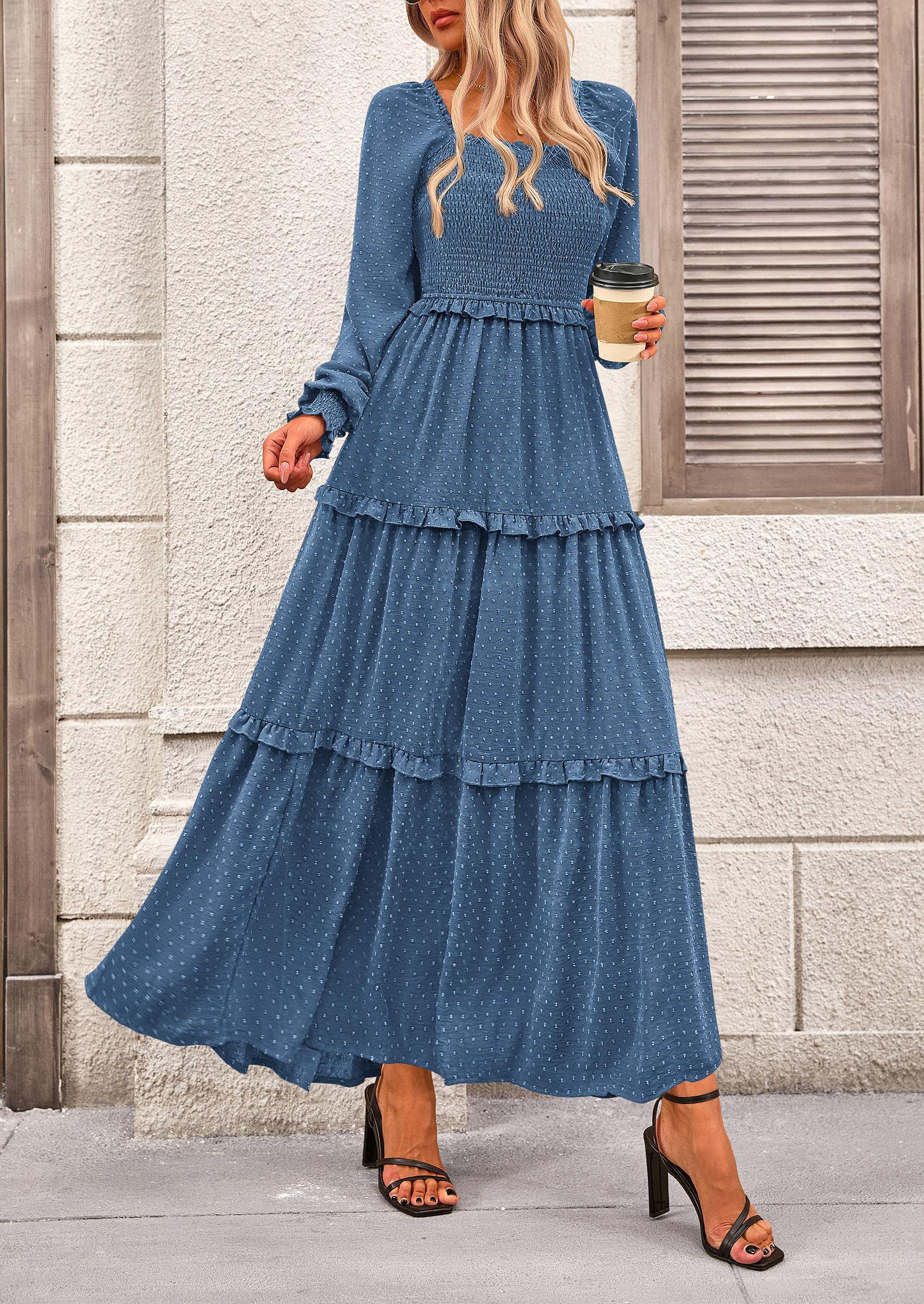 PRETTYGARDEN Women Fall Long Sleeve Smocked Maxi Dress Casual Square Neck Swiss Dot Tiered Ruffle Flowy Spring Pocket Dresses - Image 82