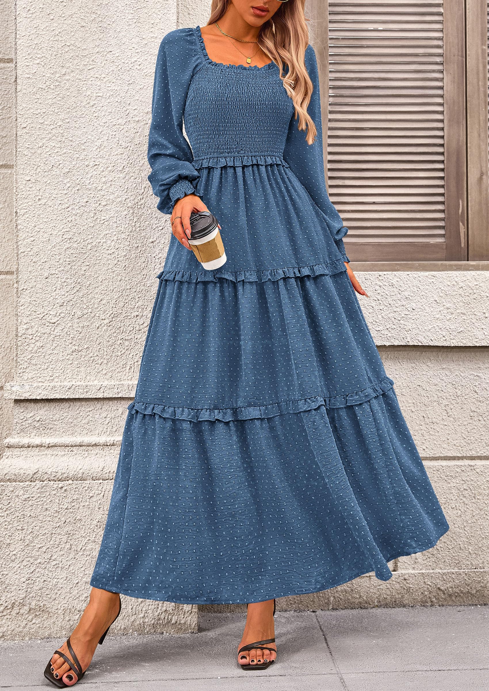 PRETTYGARDEN Women Fall Long Sleeve Smocked Maxi Dress Casual Square Neck Swiss Dot Tiered Ruffle Flowy Spring Pocket Dresses - Image 83