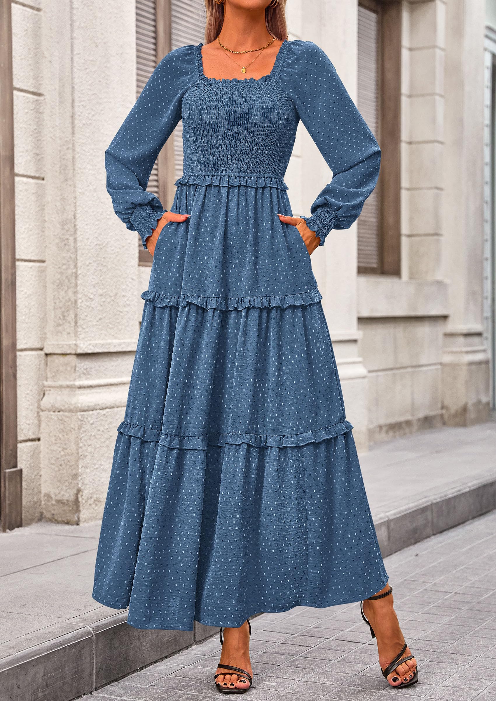 PRETTYGARDEN Women Fall Long Sleeve Smocked Maxi Dress Casual Square Neck Swiss Dot Tiered Ruffle Flowy Spring Pocket Dresses - Image 84