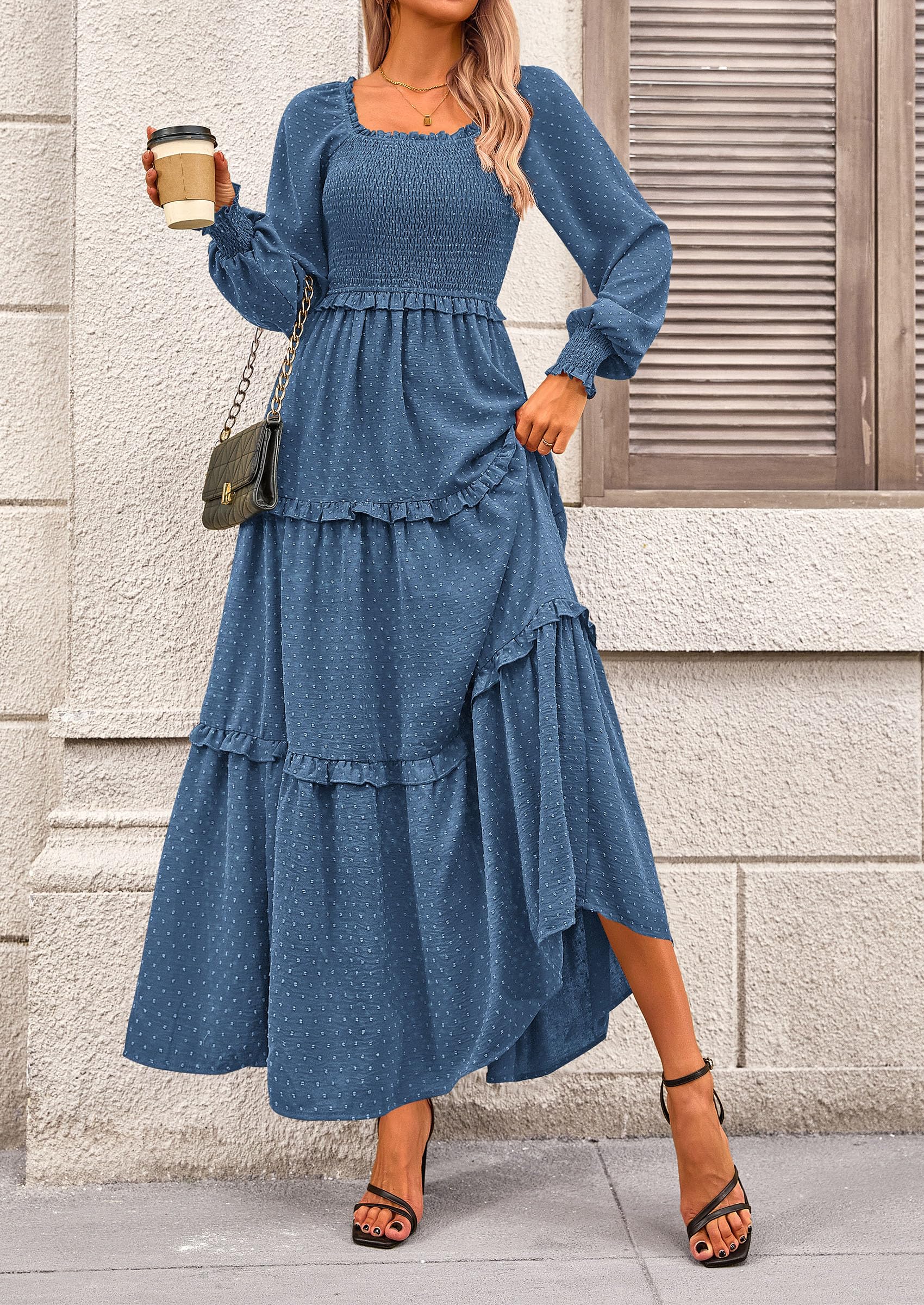 PRETTYGARDEN Women Fall Long Sleeve Smocked Maxi Dress Casual Square Neck Swiss Dot Tiered Ruffle Flowy Spring Pocket Dresses - Image 85