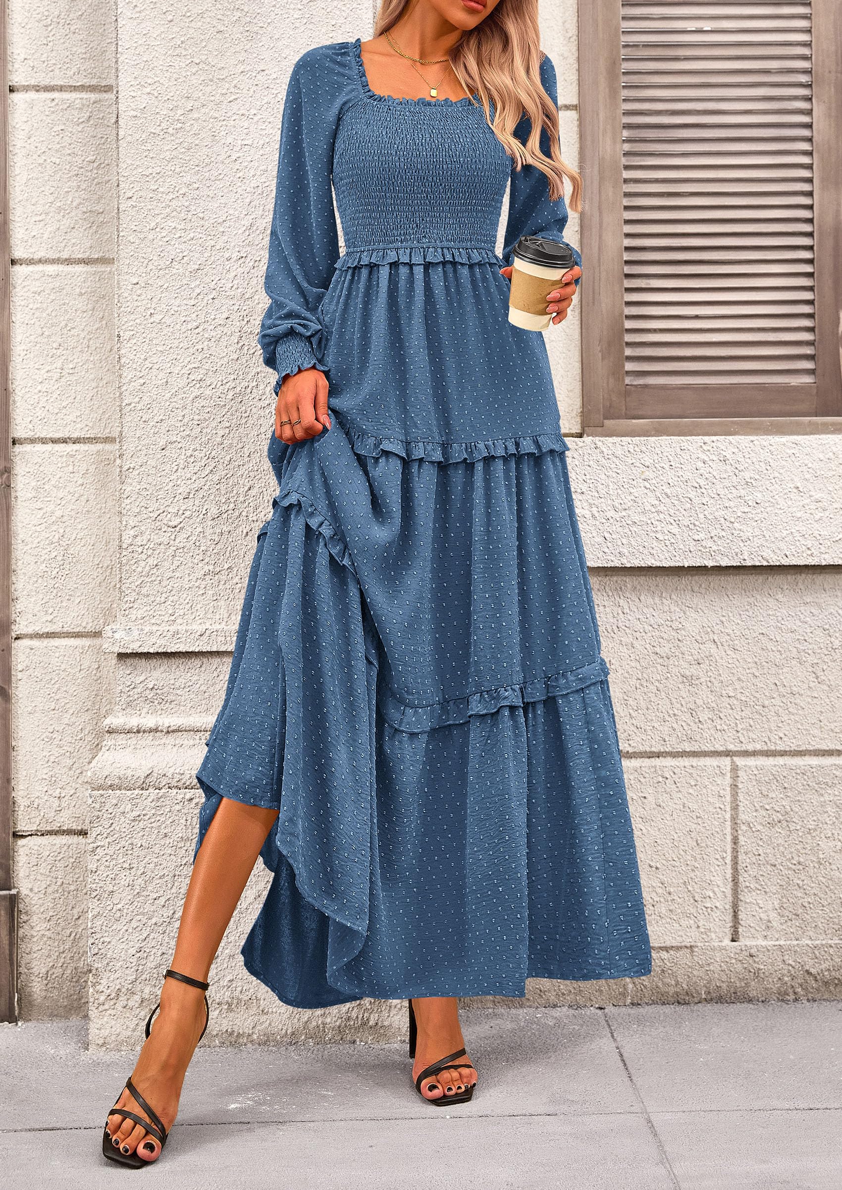 PRETTYGARDEN Women Fall Long Sleeve Smocked Maxi Dress Casual Square Neck Swiss Dot Tiered Ruffle Flowy Spring Pocket Dresses - Image 86