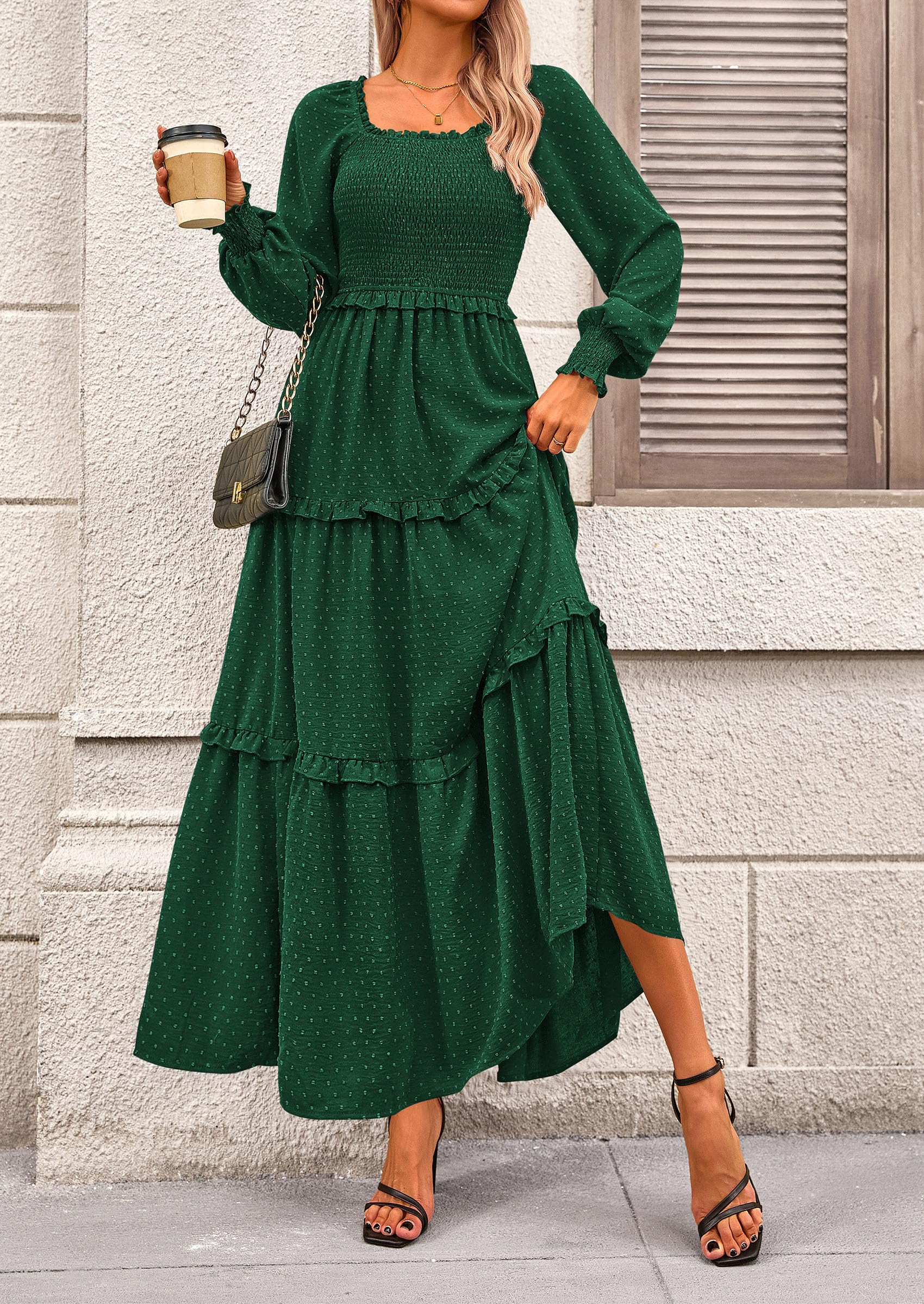 PRETTYGARDEN Women Fall Long Sleeve Smocked Maxi Dress Casual Square Neck Swiss Dot Tiered Ruffle Flowy Spring Pocket Dresses - Image 87