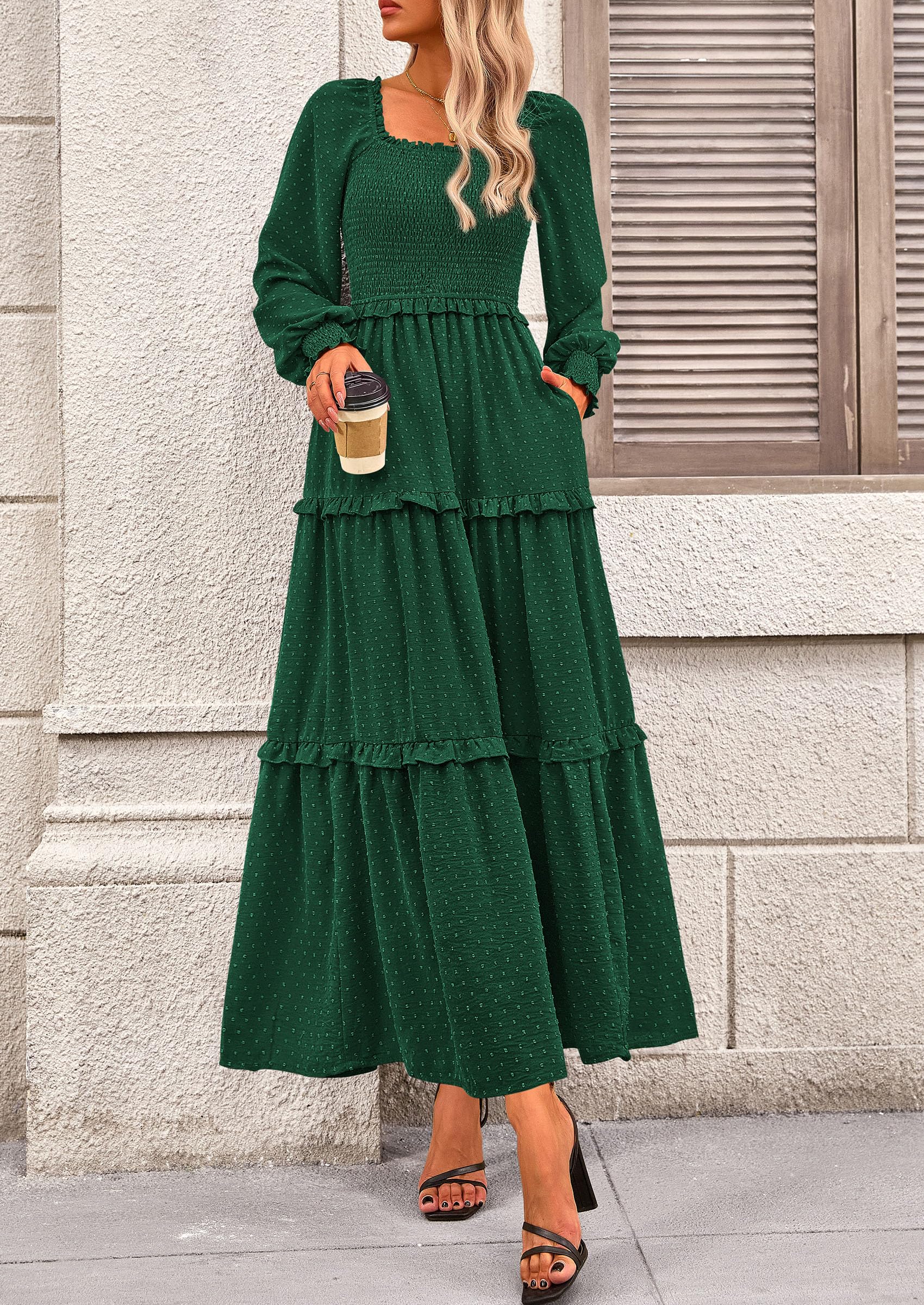 PRETTYGARDEN Women Fall Long Sleeve Smocked Maxi Dress Casual Square Neck Swiss Dot Tiered Ruffle Flowy Spring Pocket Dresses - Image 89