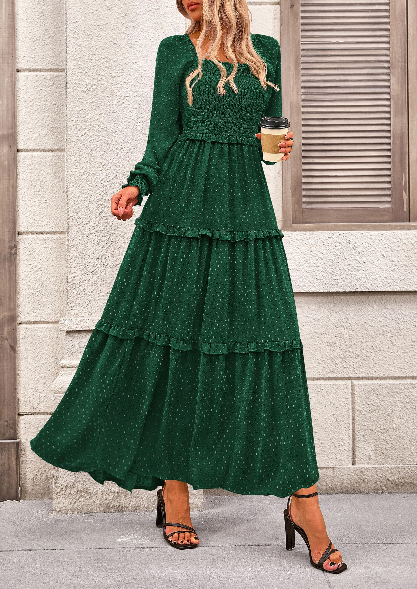 PRETTYGARDEN Women Fall Long Sleeve Smocked Maxi Dress Casual Square Neck Swiss Dot Tiered Ruffle Flowy Spring Pocket Dresses - Image 90