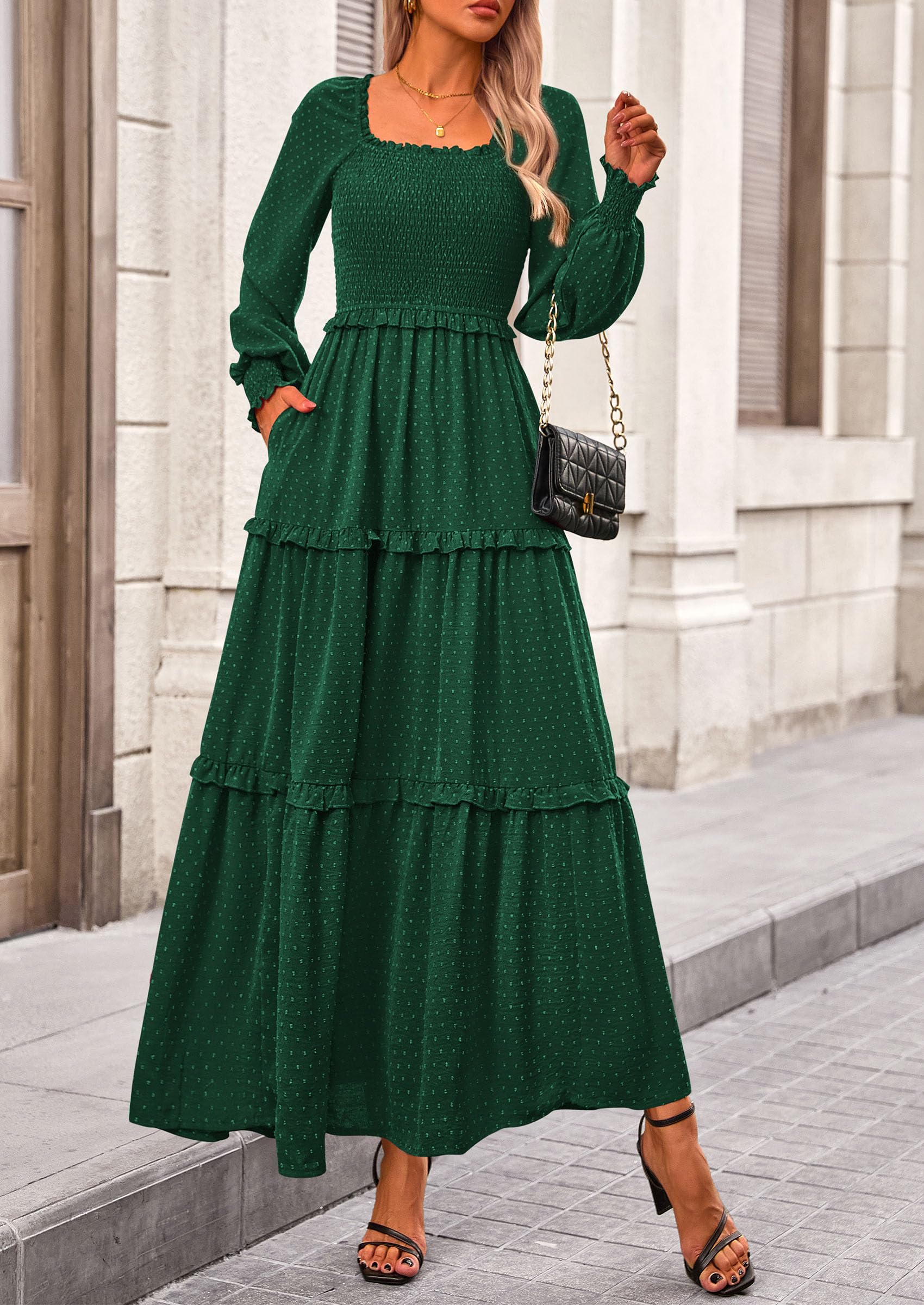 PRETTYGARDEN Women Fall Long Sleeve Smocked Maxi Dress Casual Square Neck Swiss Dot Tiered Ruffle Flowy Spring Pocket Dresses - Image 91