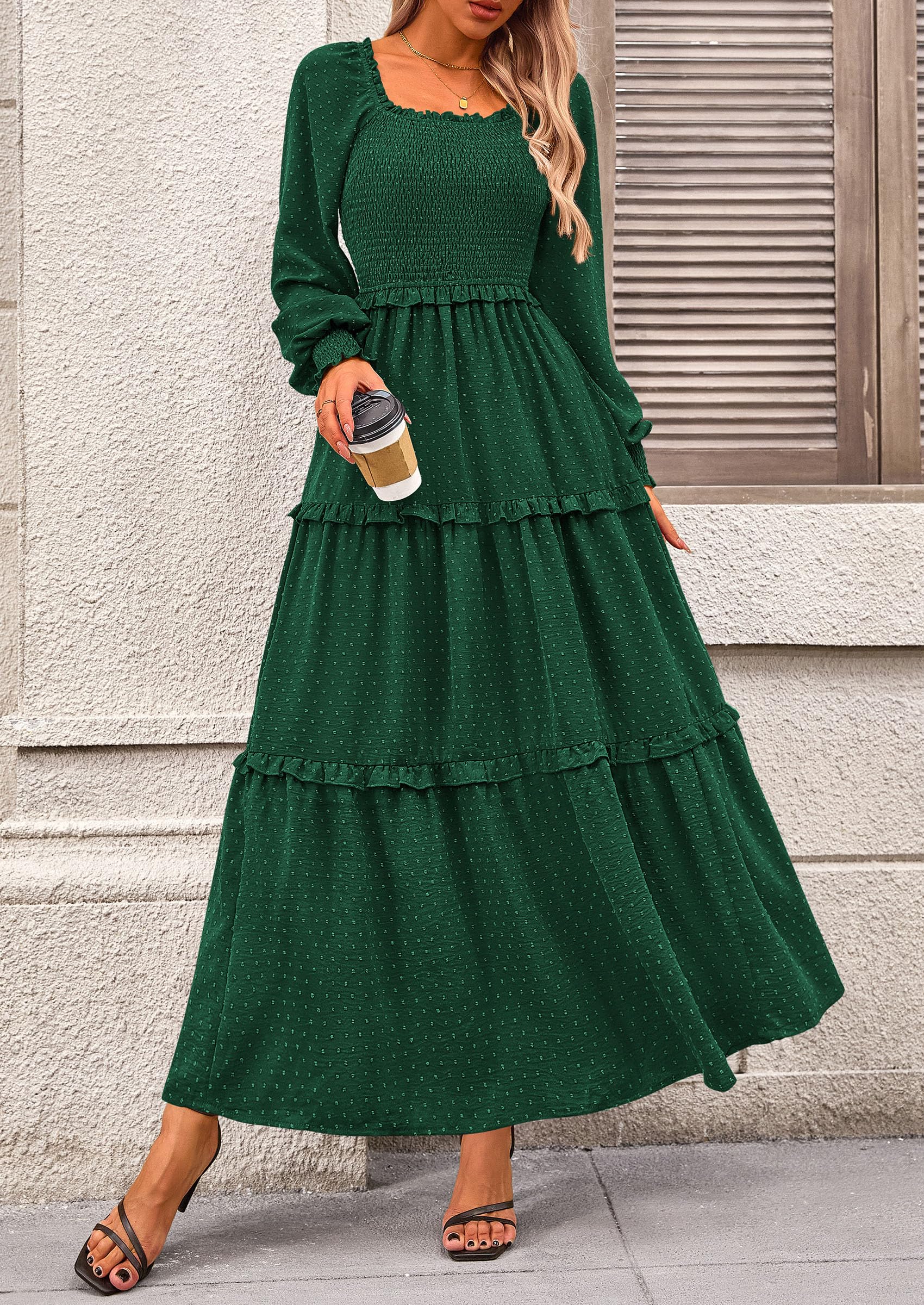 PRETTYGARDEN Women Fall Long Sleeve Smocked Maxi Dress Casual Square Neck Swiss Dot Tiered Ruffle Flowy Spring Pocket Dresses - Image 92