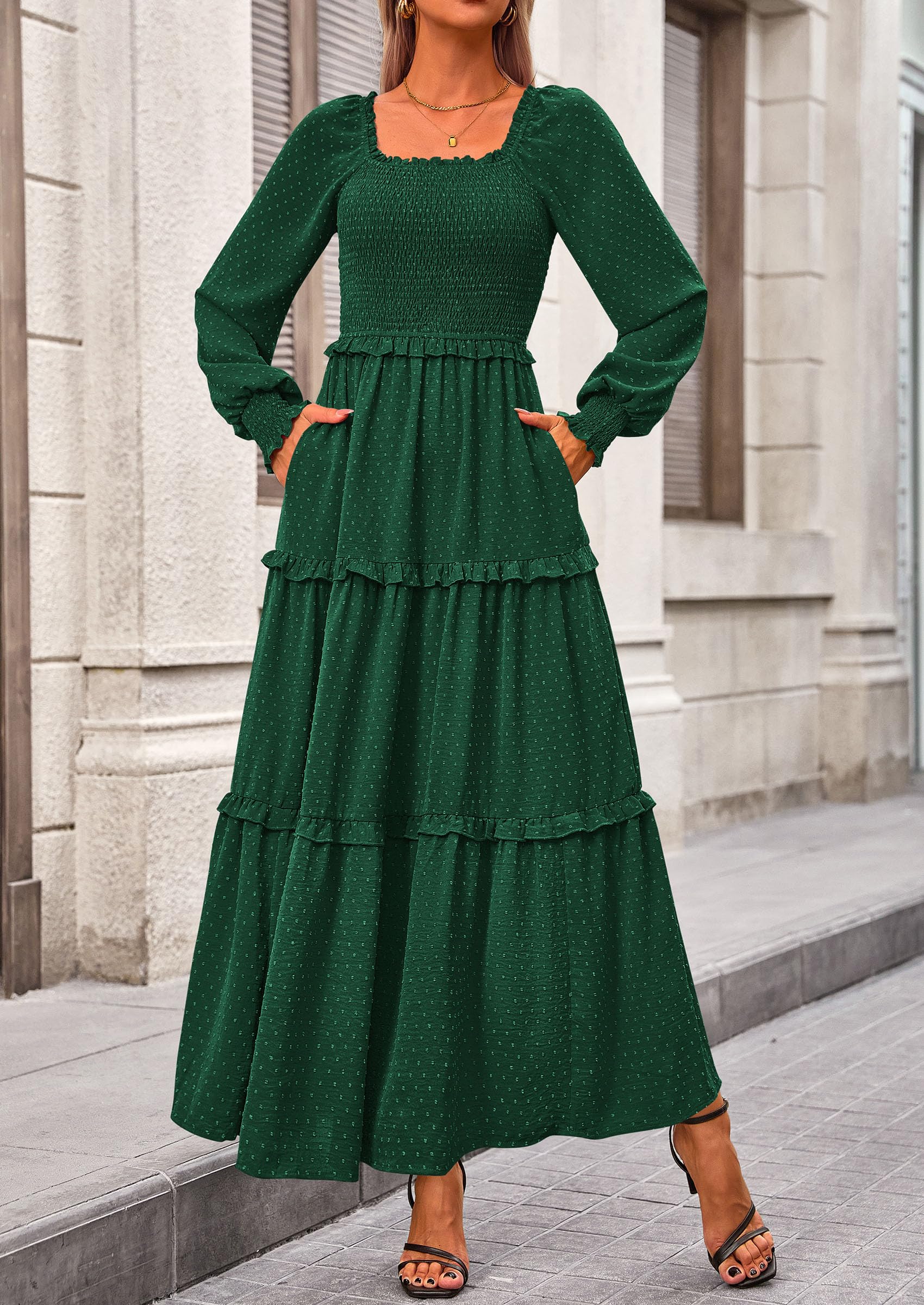 PRETTYGARDEN Women Fall Long Sleeve Smocked Maxi Dress Casual Square Neck Swiss Dot Tiered Ruffle Flowy Spring Pocket Dresses - Image 93