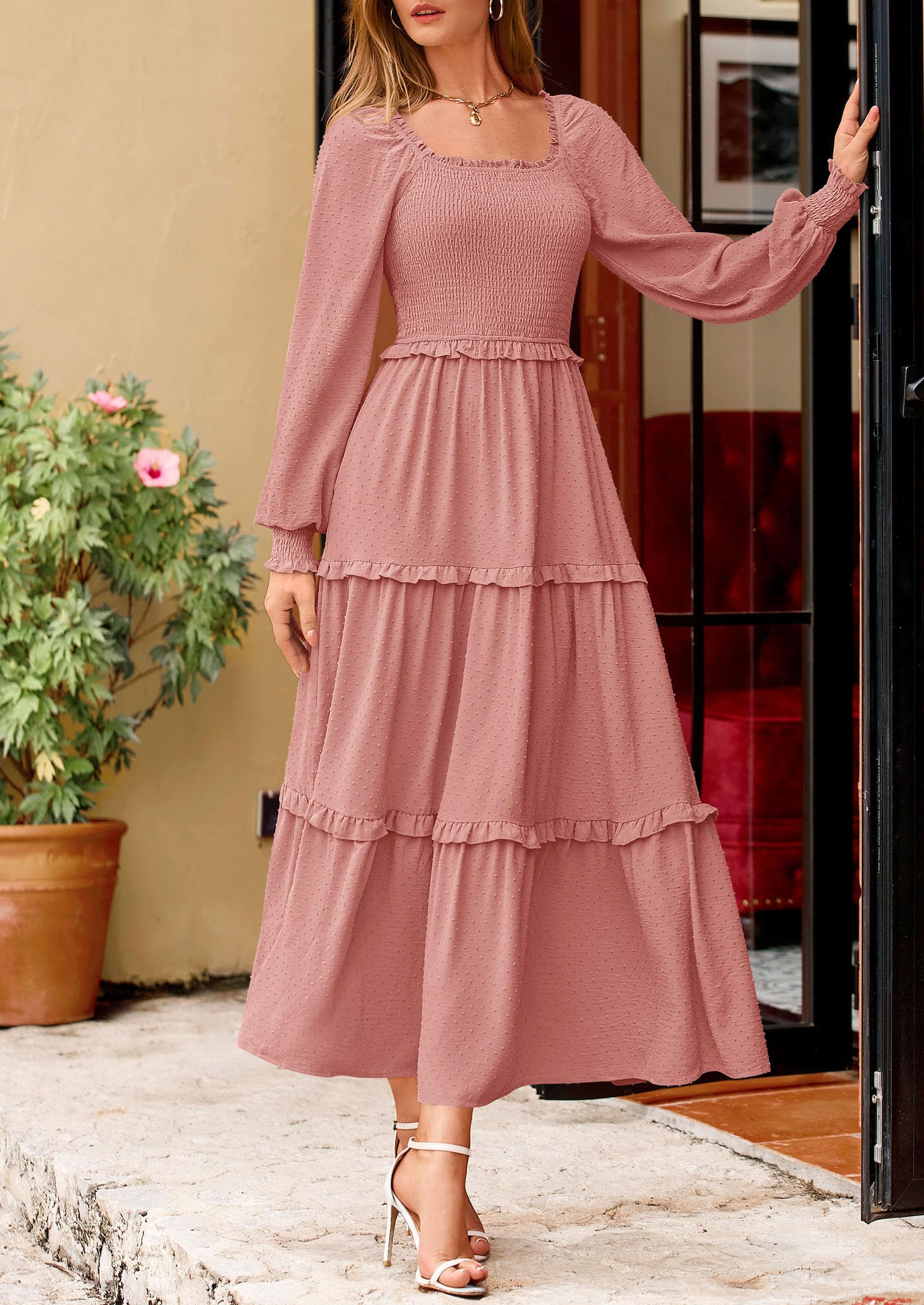 PRETTYGARDEN Women Fall Long Sleeve Smocked Maxi Dress Casual Square Neck Swiss Dot Tiered Ruffle Flowy Spring Pocket Dresses - Image 94