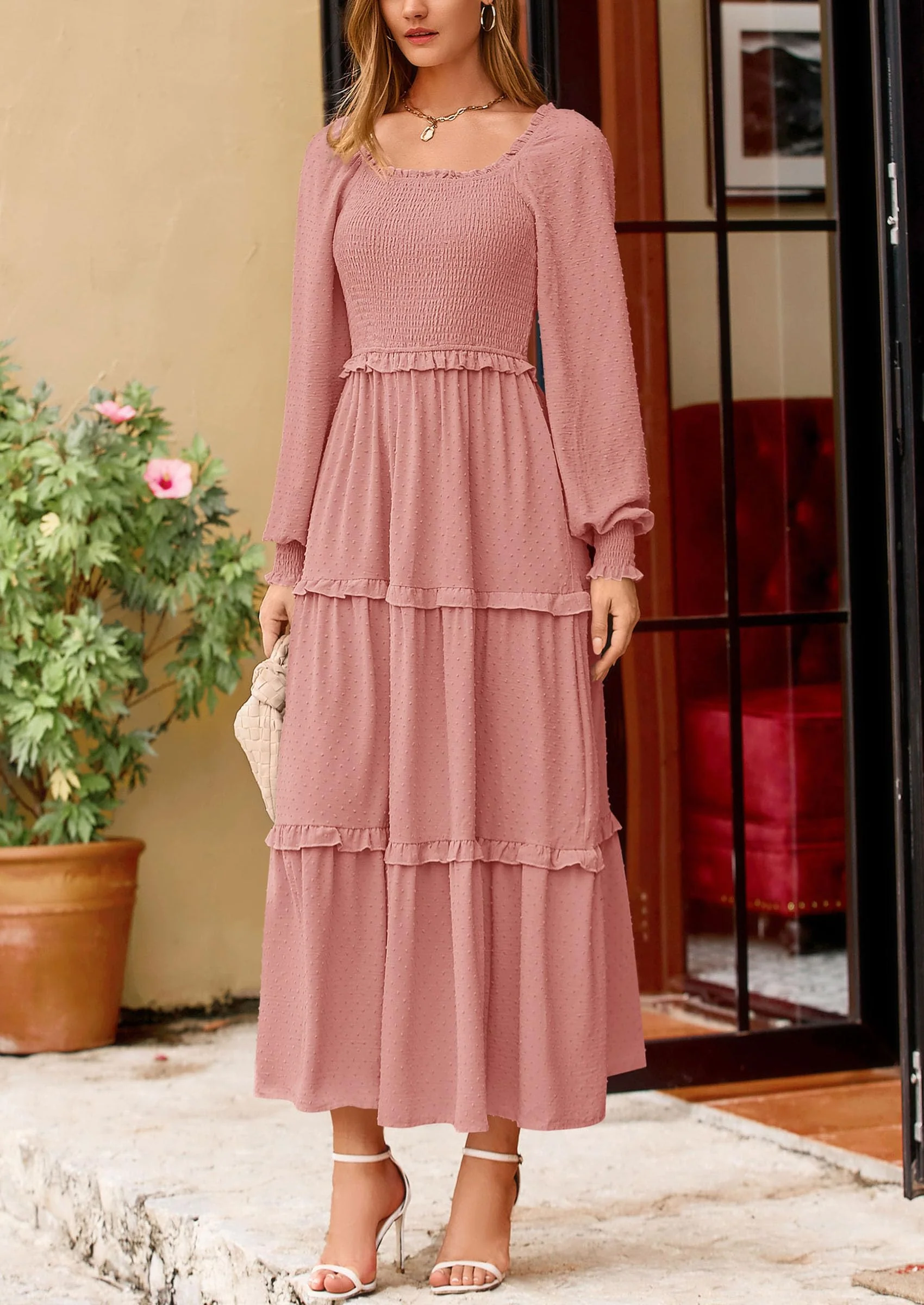 PRETTYGARDEN Women Fall Long Sleeve Smocked Maxi Dress Casual Square Neck Swiss Dot Tiered Ruffle Flowy Spring Pocket Dresses - Image 95