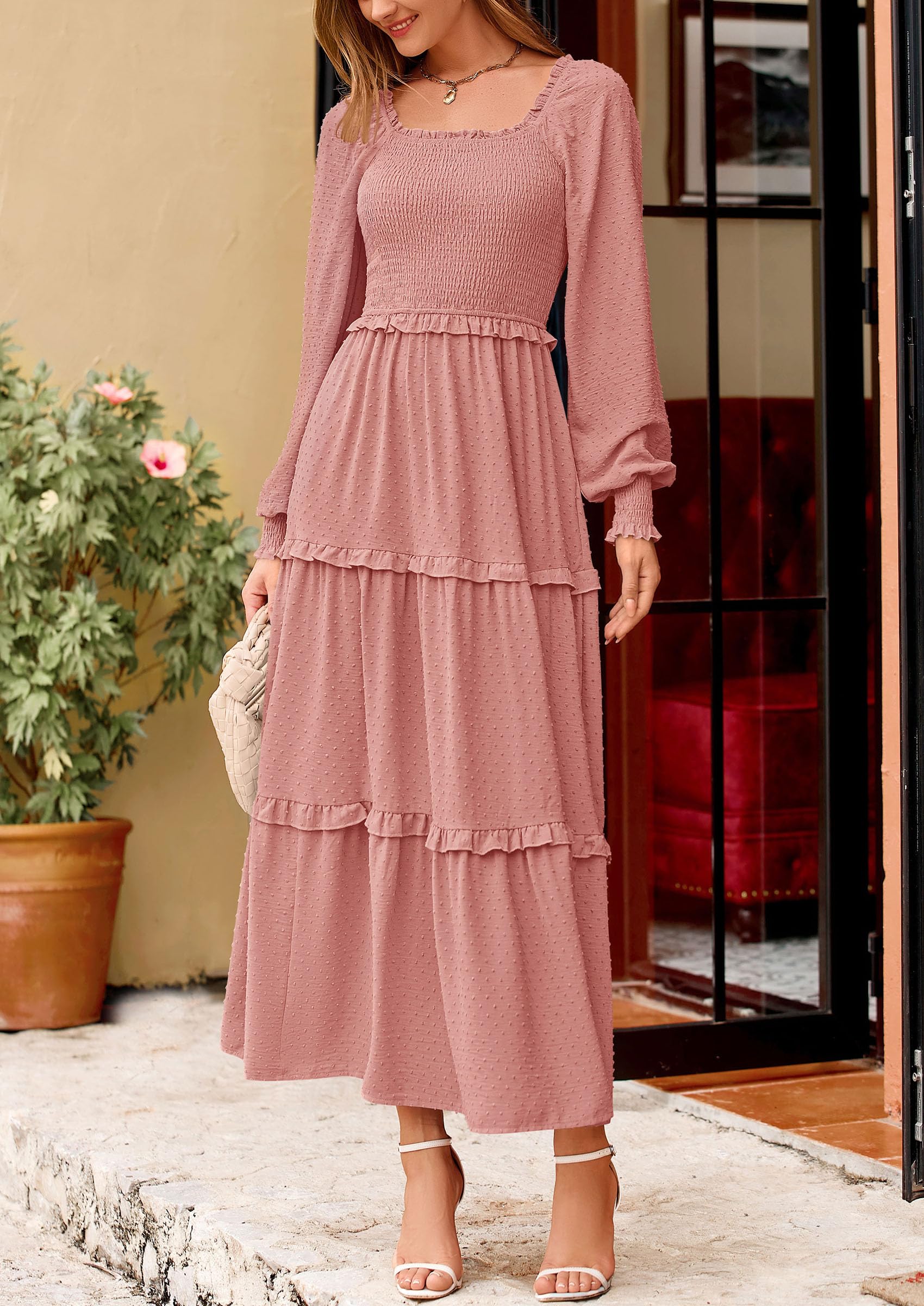 PRETTYGARDEN Women Fall Long Sleeve Smocked Maxi Dress Casual Square Neck Swiss Dot Tiered Ruffle Flowy Spring Pocket Dresses - Image 97