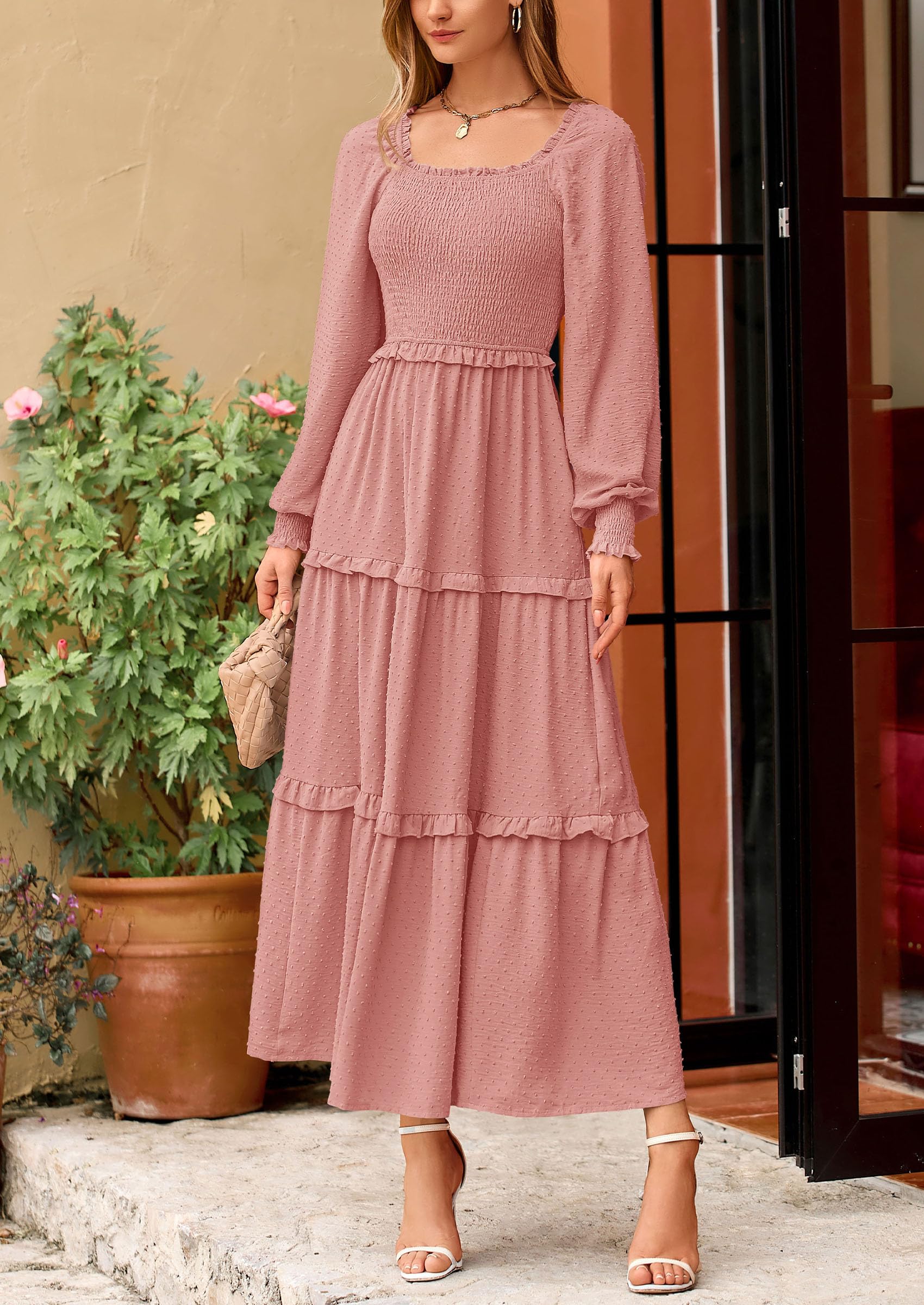 PRETTYGARDEN Women Fall Long Sleeve Smocked Maxi Dress Casual Square Neck Swiss Dot Tiered Ruffle Flowy Spring Pocket Dresses - Image 98