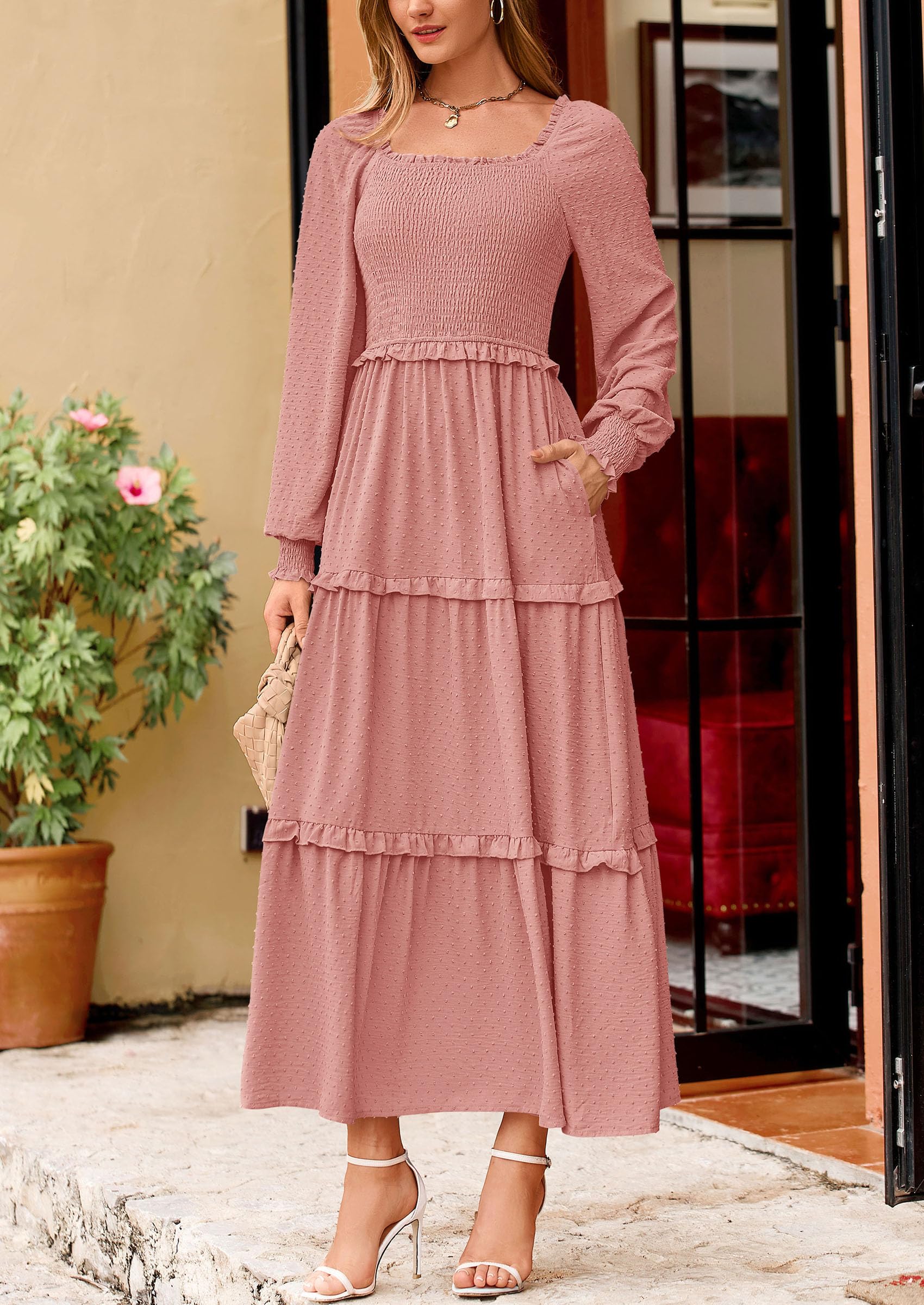 PRETTYGARDEN Women Fall Long Sleeve Smocked Maxi Dress Casual Square Neck Swiss Dot Tiered Ruffle Flowy Spring Pocket Dresses - Image 99