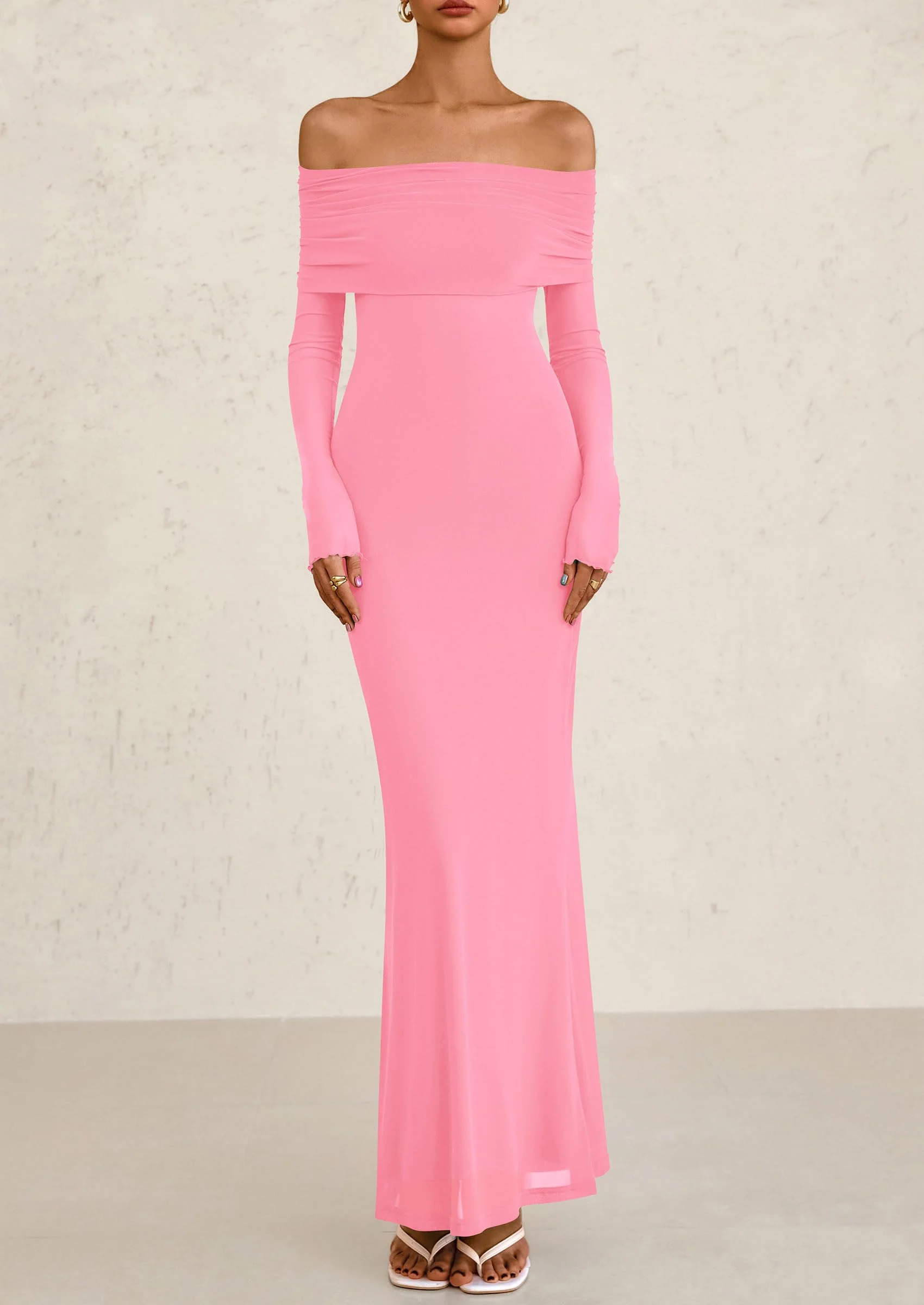 PRETTYGARDEN Off The Shoulder Dresses for Women Mesh Long Sleeve Baby Shower Formal Wedding Guest Dress - Image 3