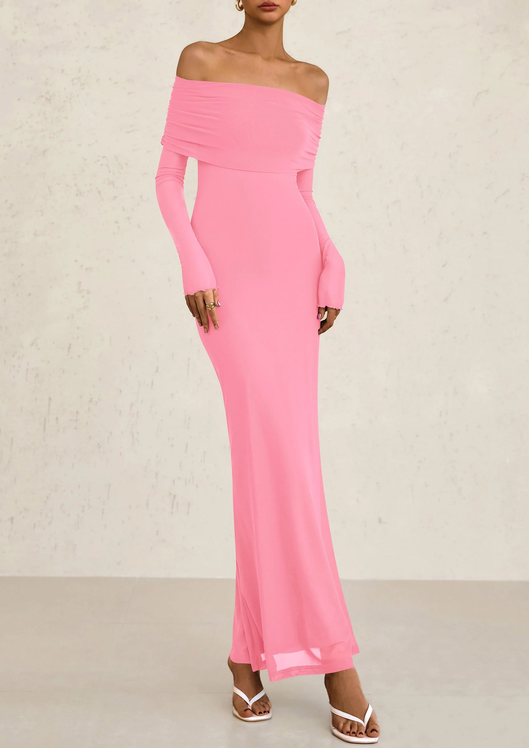 PRETTYGARDEN Off The Shoulder Dresses for Women Mesh Long Sleeve Baby Shower Formal Wedding Guest Dress - Image 6