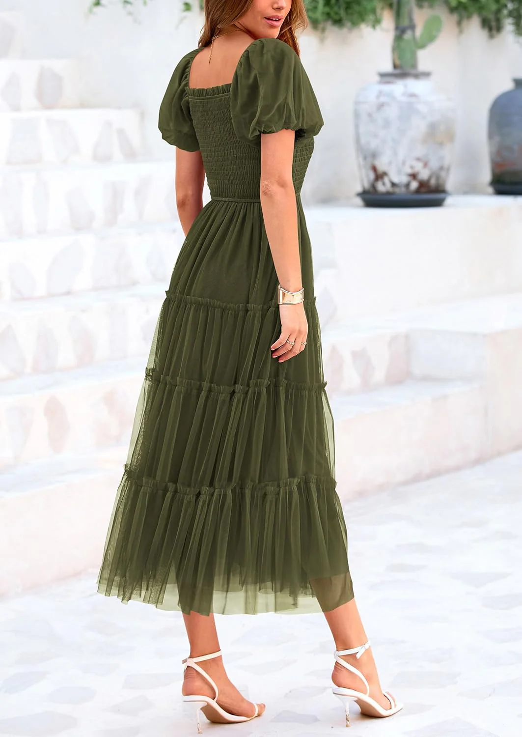 PRETTYGARDEN Women's Smocked Tulle Midi Dress Square Neck Puffy Short Sleeve Ruffle Wedding Guest Party Dresses - Image 13