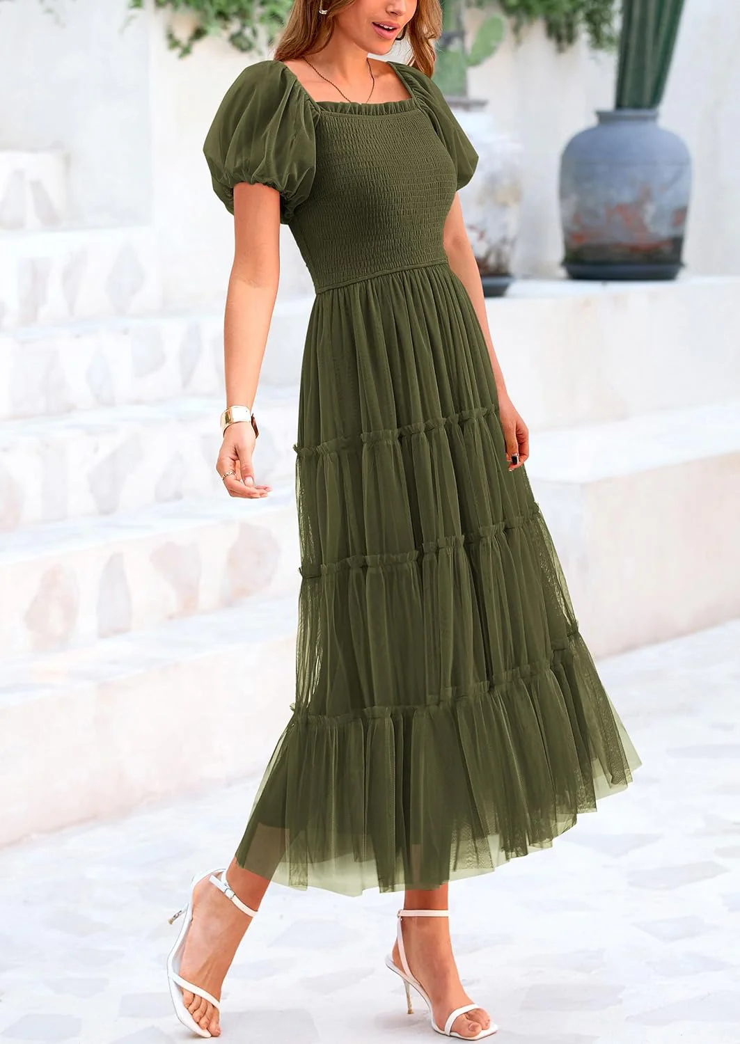 PRETTYGARDEN Women's Smocked Tulle Midi Dress Square Neck Puffy Short Sleeve Ruffle Wedding Guest Party Dresses - Image 14