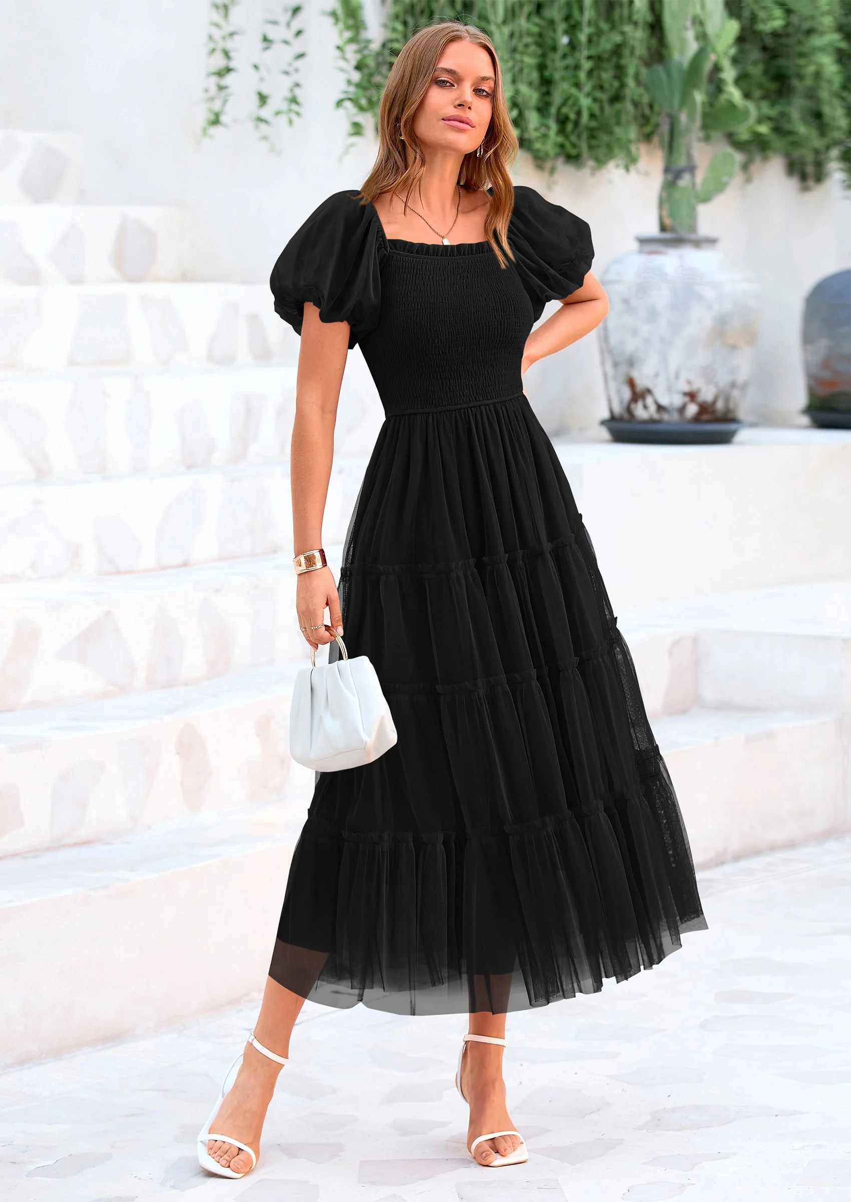 PRETTYGARDEN Women's Smocked Tulle Midi Dress Square Neck Puffy Short Sleeve Ruffle Wedding Guest Party Dresses - Image 24