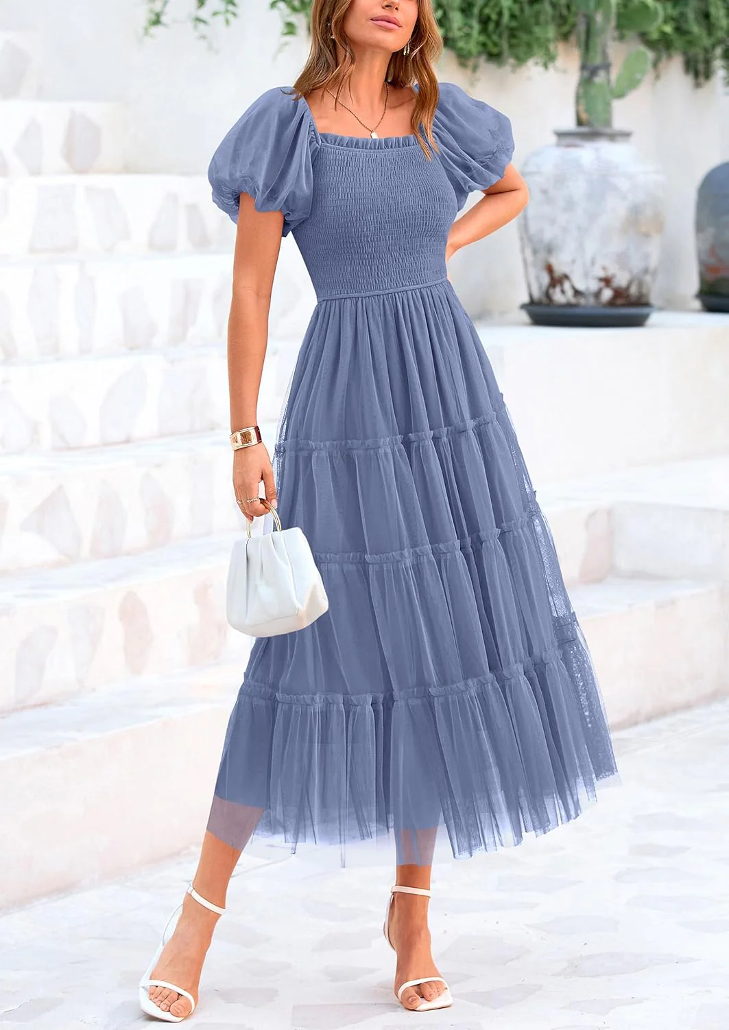 PRETTYGARDEN Women's Smocked Tulle Midi Dress Square Neck Puffy Short Sleeve Ruffle Wedding Guest Party Dresses - Image 3