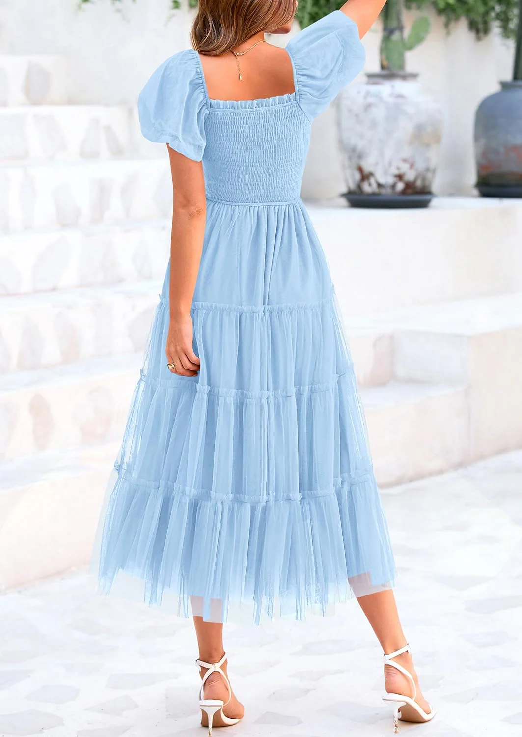 PRETTYGARDEN Women's Smocked Tulle Midi Dress Square Neck Puffy Short Sleeve Ruffle Wedding Guest Party Dresses - Image 33