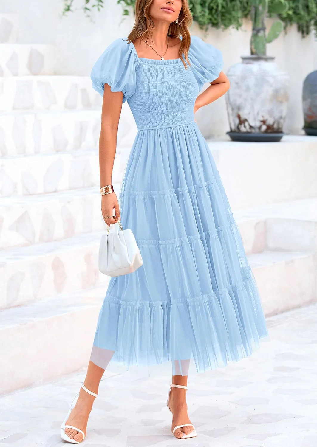 PRETTYGARDEN Women's Smocked Tulle Midi Dress Square Neck Puffy Short Sleeve Ruffle Wedding Guest Party Dresses - Image 34